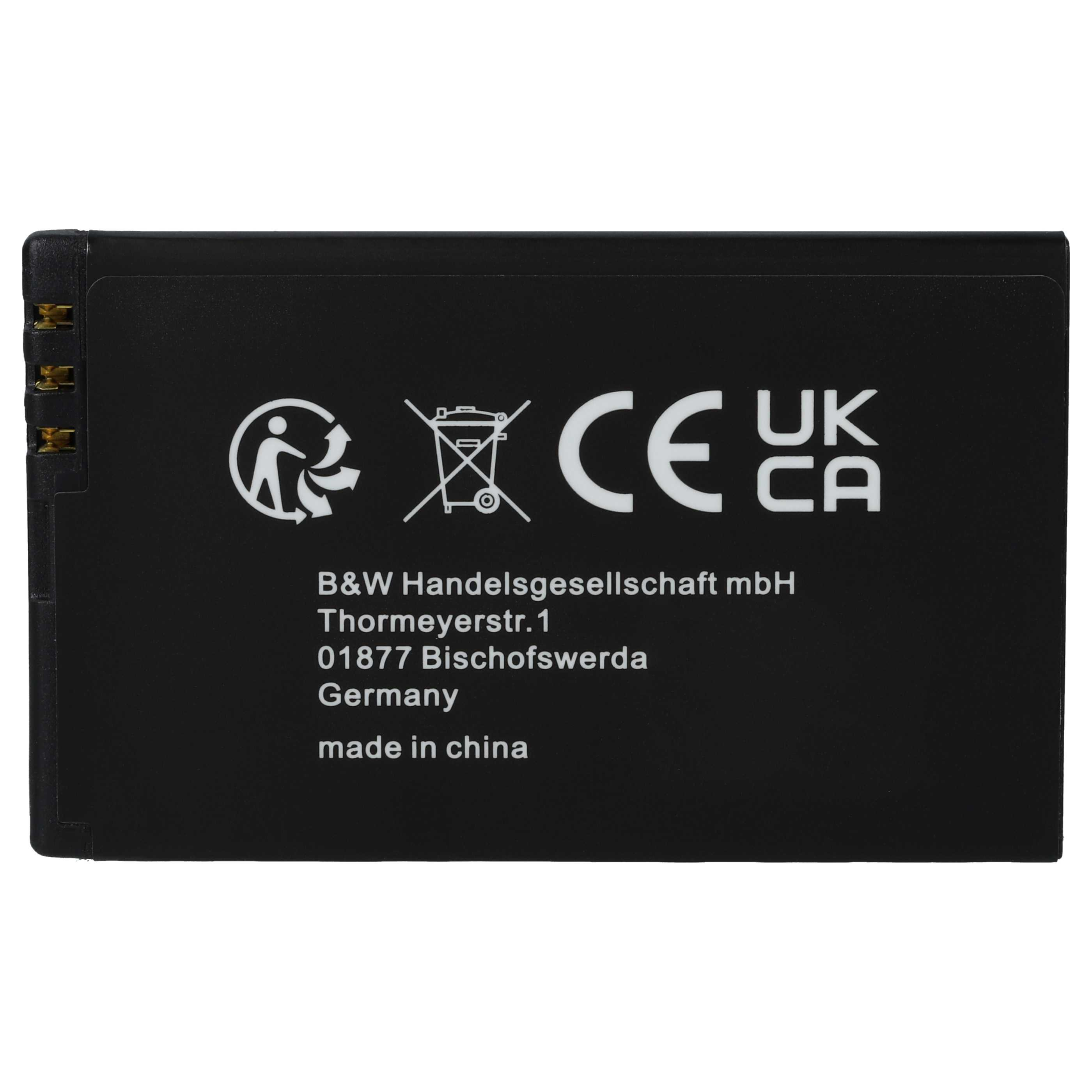 Schwarzer Akku mit weißem Text, Recycling-Symbolen, CE- und UKCA-Kennzeichen. Enthält Firmeninfo: B&W Handelsgesellschaft, Deutschland, Made in China.