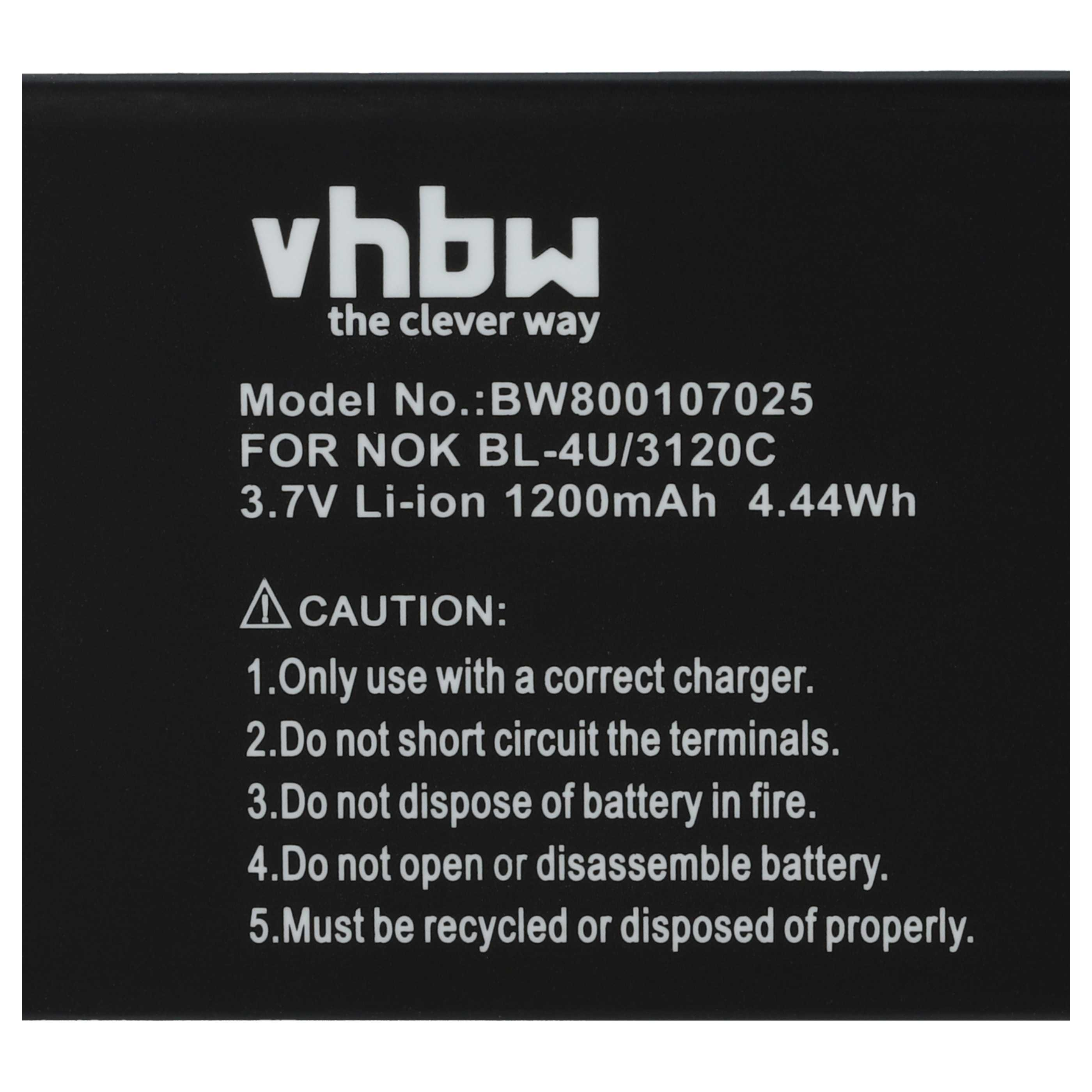Schwarzes Batterieetikett mit weißem Text. Es enthält 'vhbw', Spezifikationen und Sicherheitshinweise.