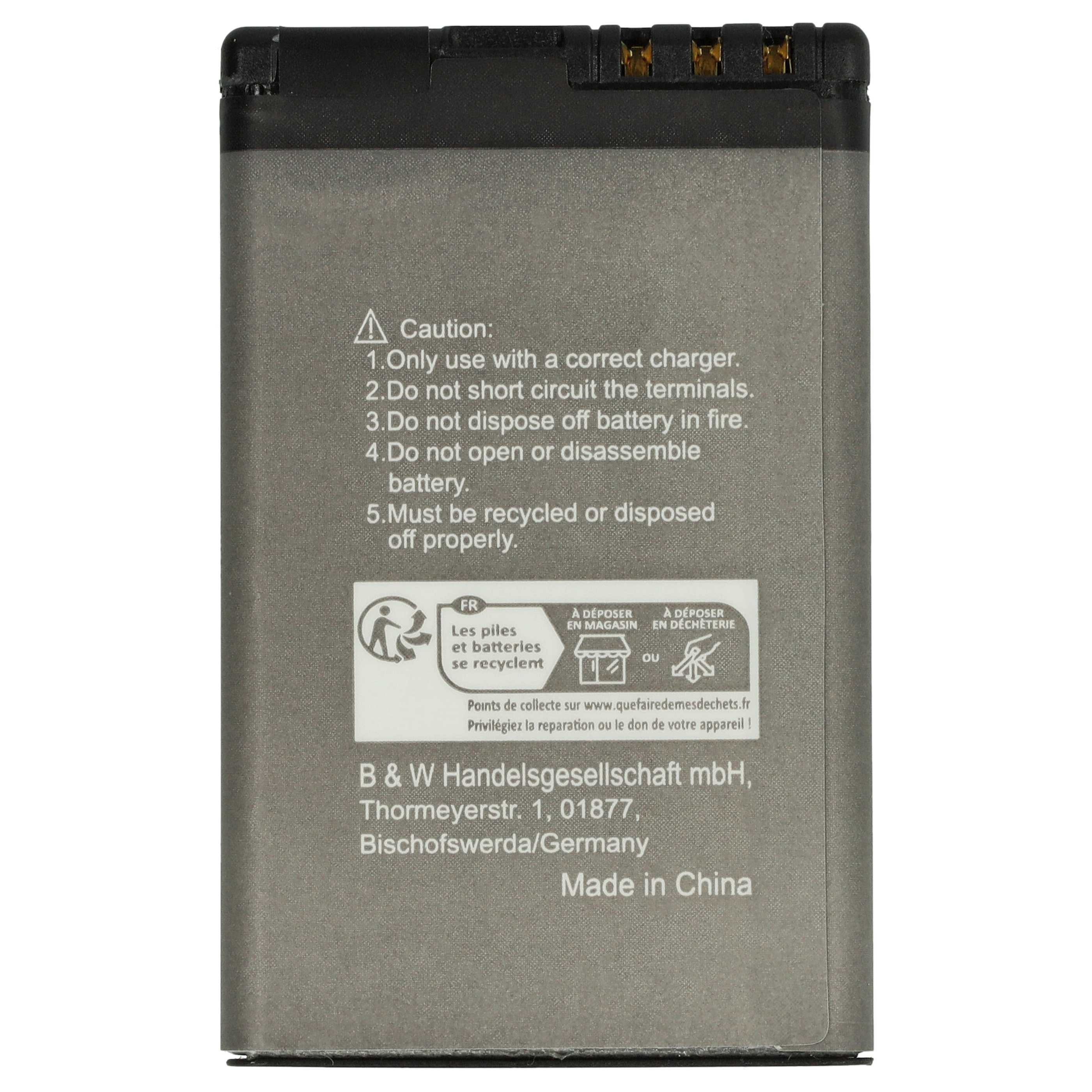 Batterieetikett mit Warnhinweisen, Recycling-Symbolen und Unternehmensdetails. Grau-Schwarz-Schema. Hergestellt in China.