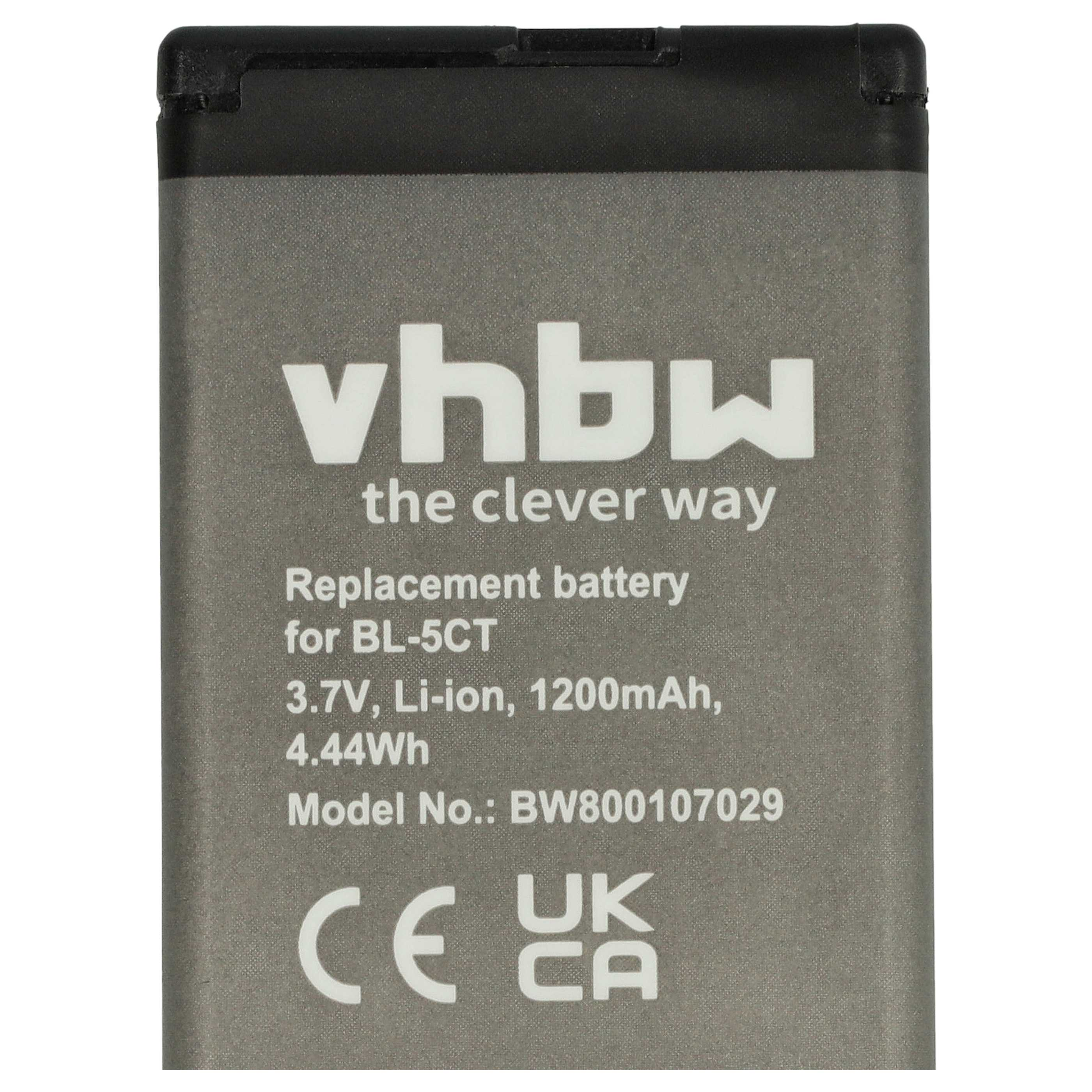 Grauer Akku mit weißem Text zeigt 'vhbw', 'Ersatzbatterie' und Spezifikationen. Schwarze Oberkante mit 'UK CA' Zeichen.
