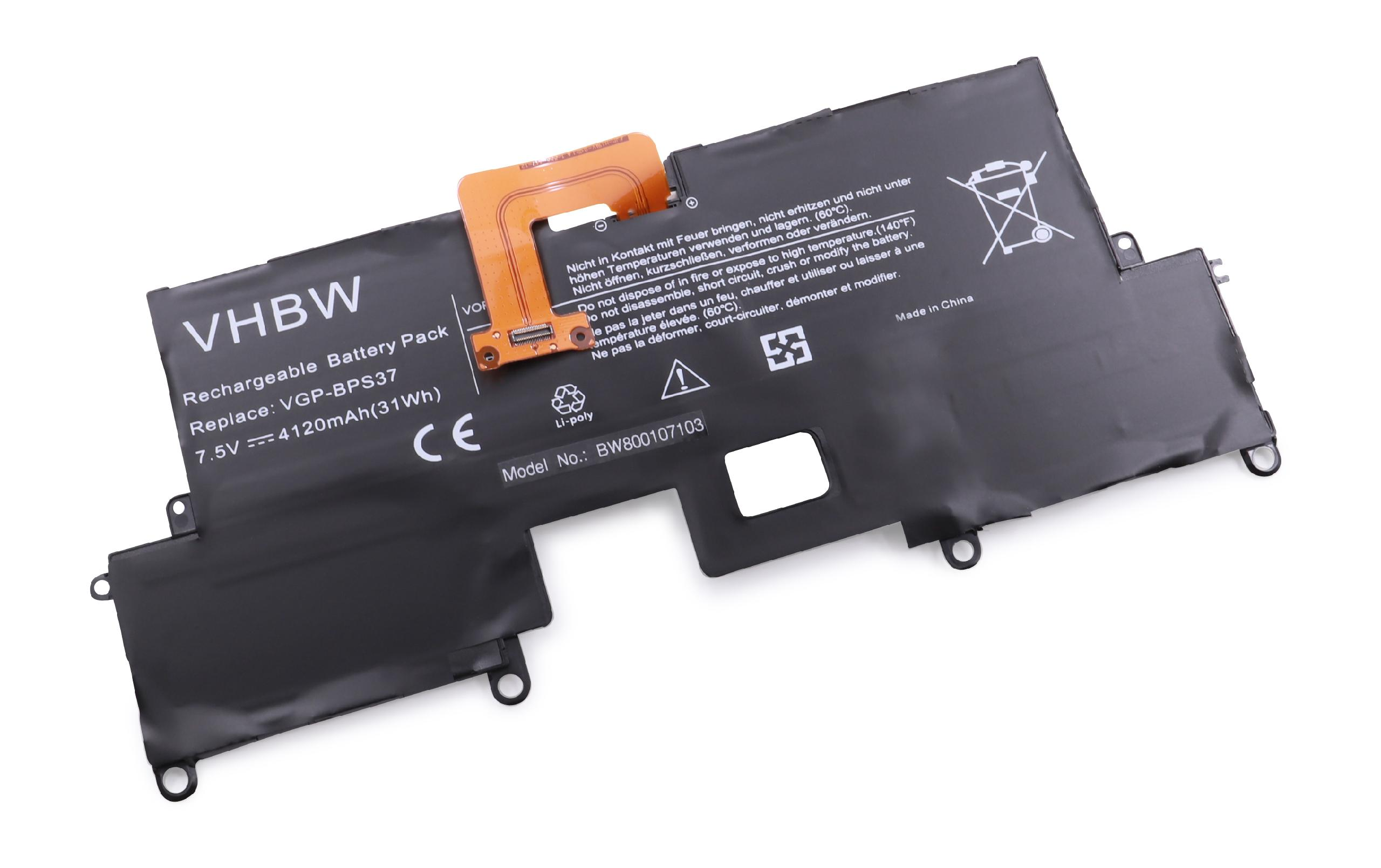 Schwarzer VHBW-Akku mit orangefarbenem Stecker, weißem Hintergrund und Textaufklebern.