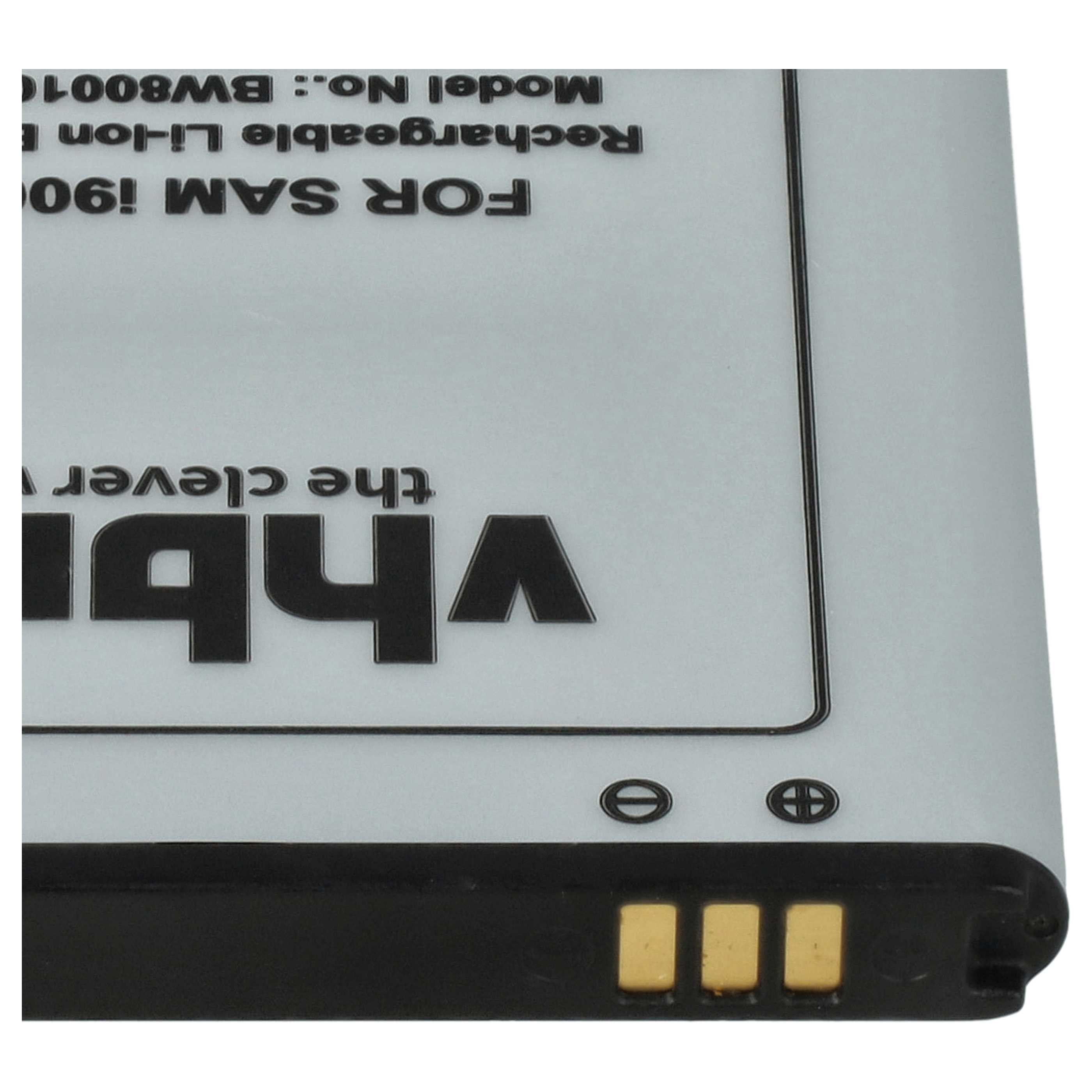 Nahaufnahme eines Telefonakkus mit Text: FOR SAM I900, Vhbi, Rechargeable Li-Ion. Schwarze und goldene Anschlüsse.
