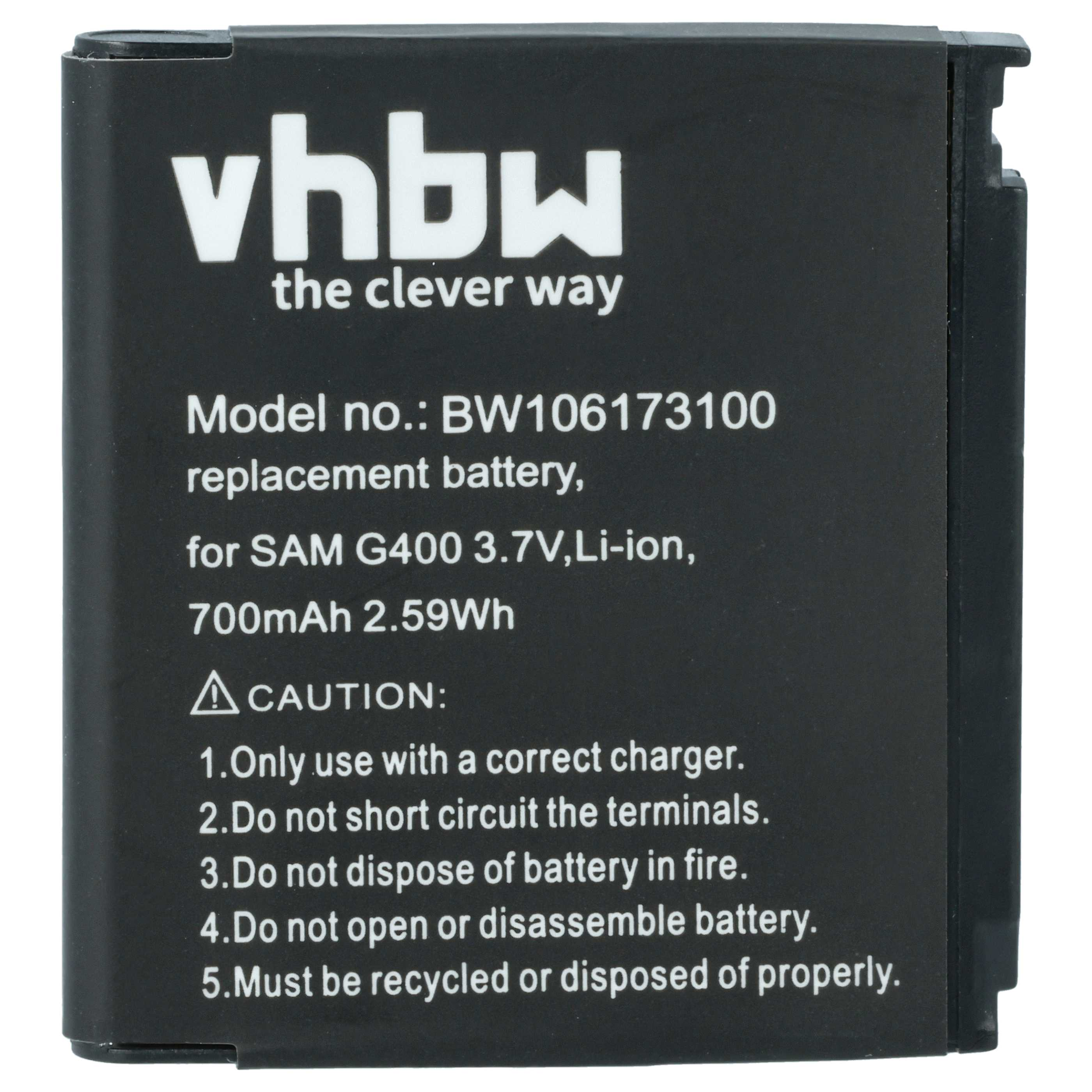 Schwarzer Akku mit weißem Text. Markenname vhbw. Modellinfo: BW106173100, für SAM G400 3,7V, Li-Ionen, 700mAh und Sicherheitshinweise.