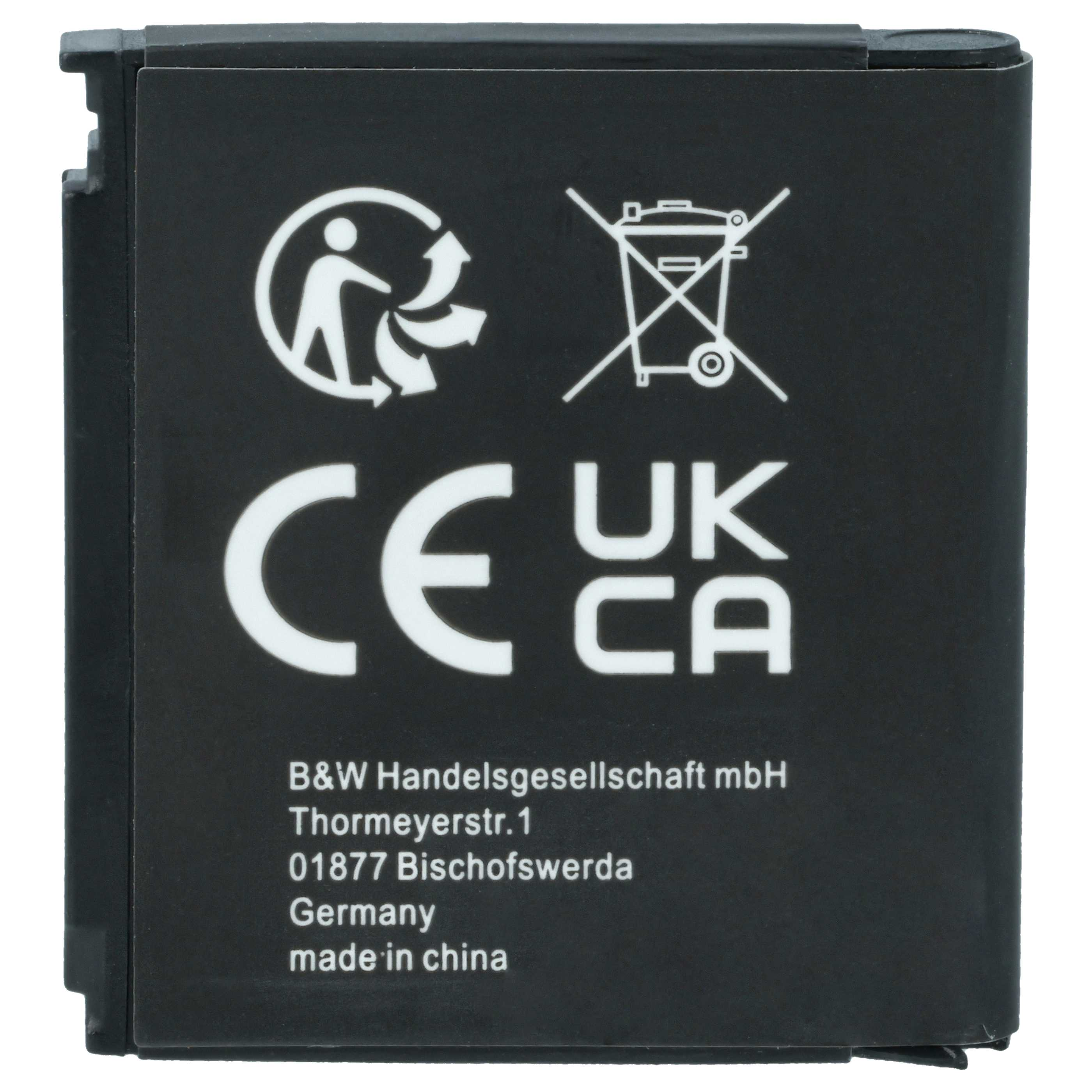Schwarzer Akku mit weißen Symbolen und Text. Er hat CE- und UK CA-Kennzeichnungen sowie Adressdetails von B&W Handelsgesellschaft mbH.