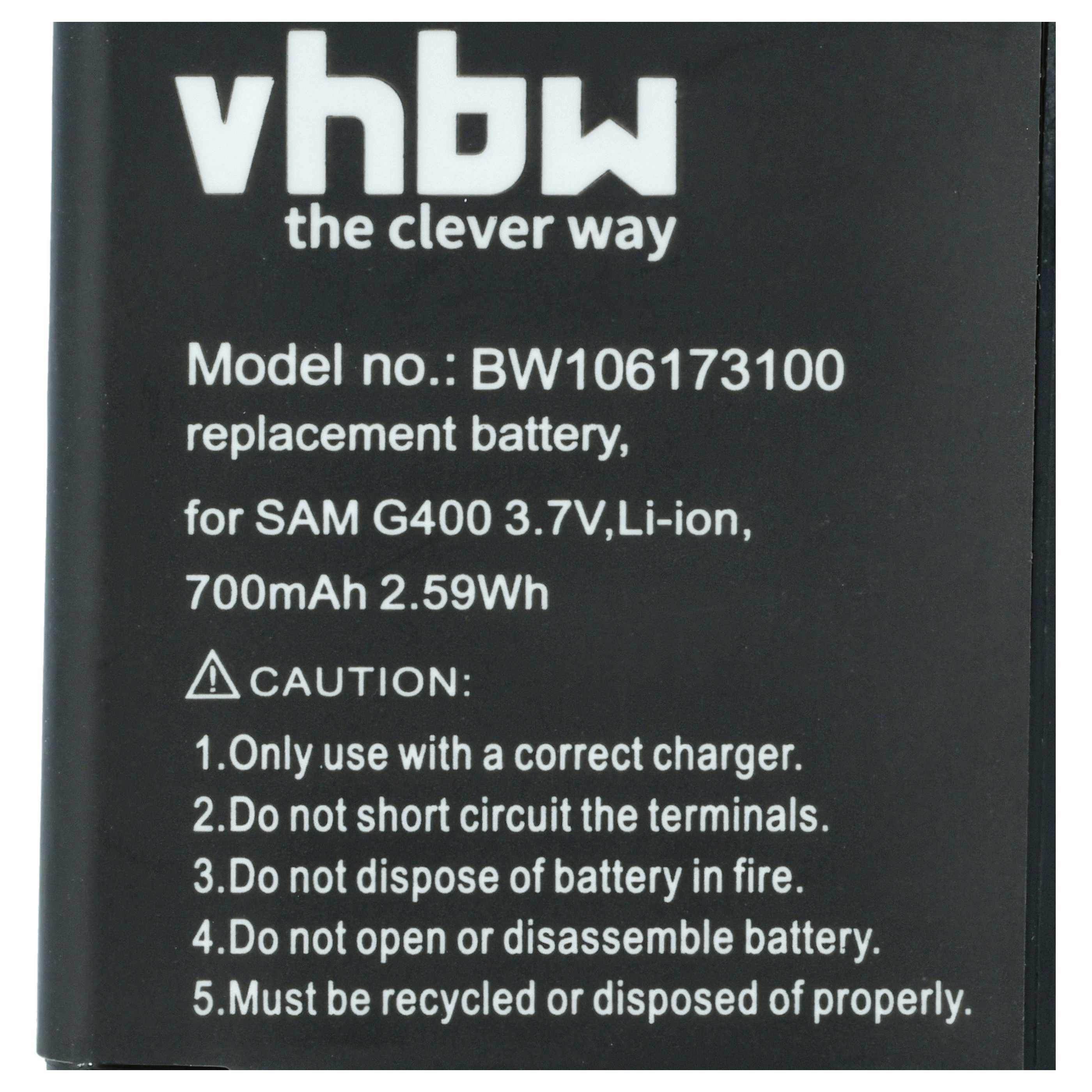 Schwarzes Batterieetikett mit weißem Text. Es hat Warnhinweise, Modellnummer und Spezifikationen. Die Marke ist vhbw.
