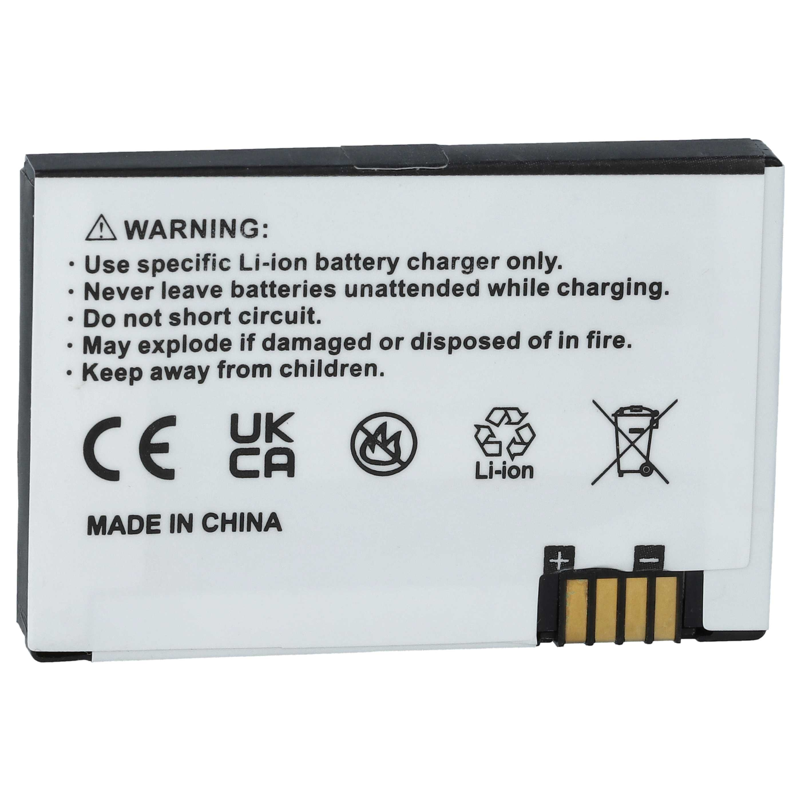 Ein weißes Akku-Pack mit Warnhinweisen. Es trägt CE-, UK CA-Kennzeichnungen und ein Li-Ion-Symbol. Schwarzer Anschluss unten.