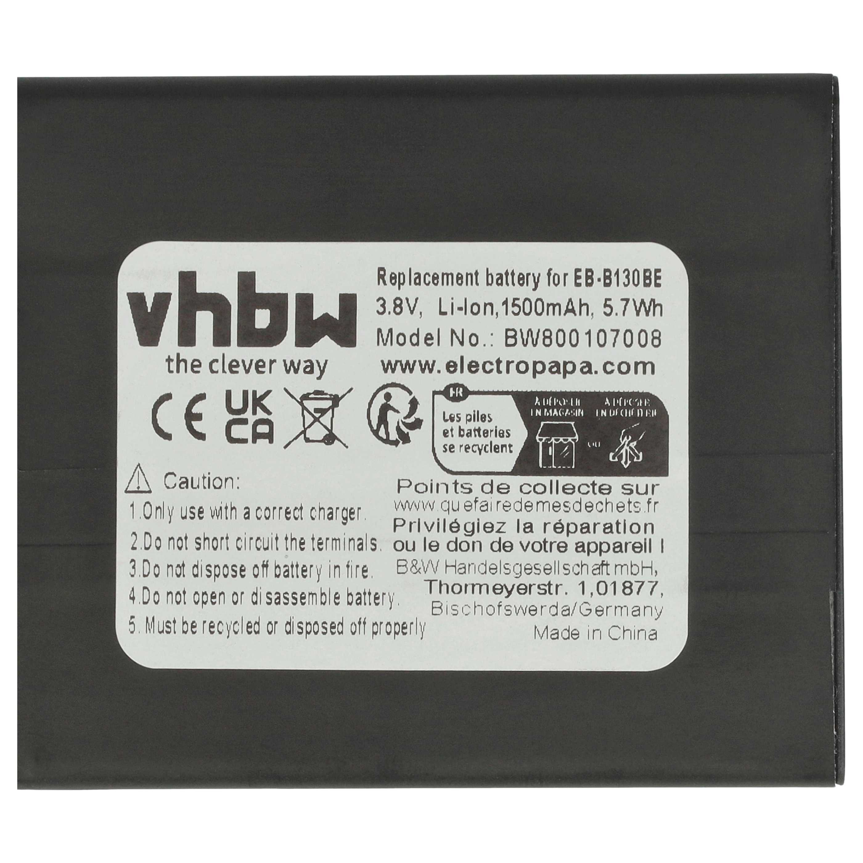 Akku mit Text. Es steht vhbw, 3,8V, Li-Ion, 1500mAh, Modell BW800107008, und Recycling-Symbole drauf. Die Kanten sind schwarz.