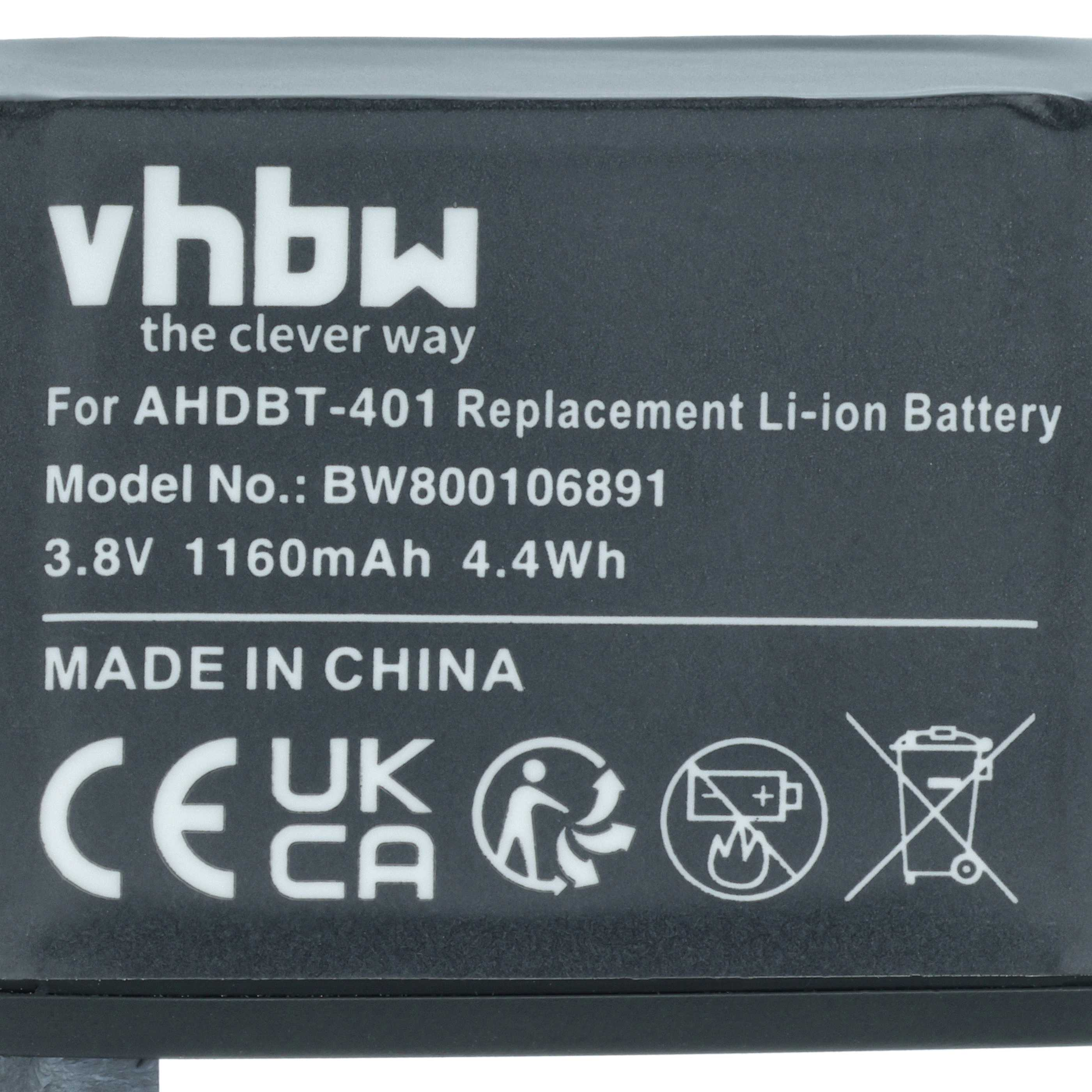 Schwarzes Batterieetikett mit weißem Text. Es steht 'vhbw', 'Replacement Li-ion Battery', 'Made in China' und Symbole.