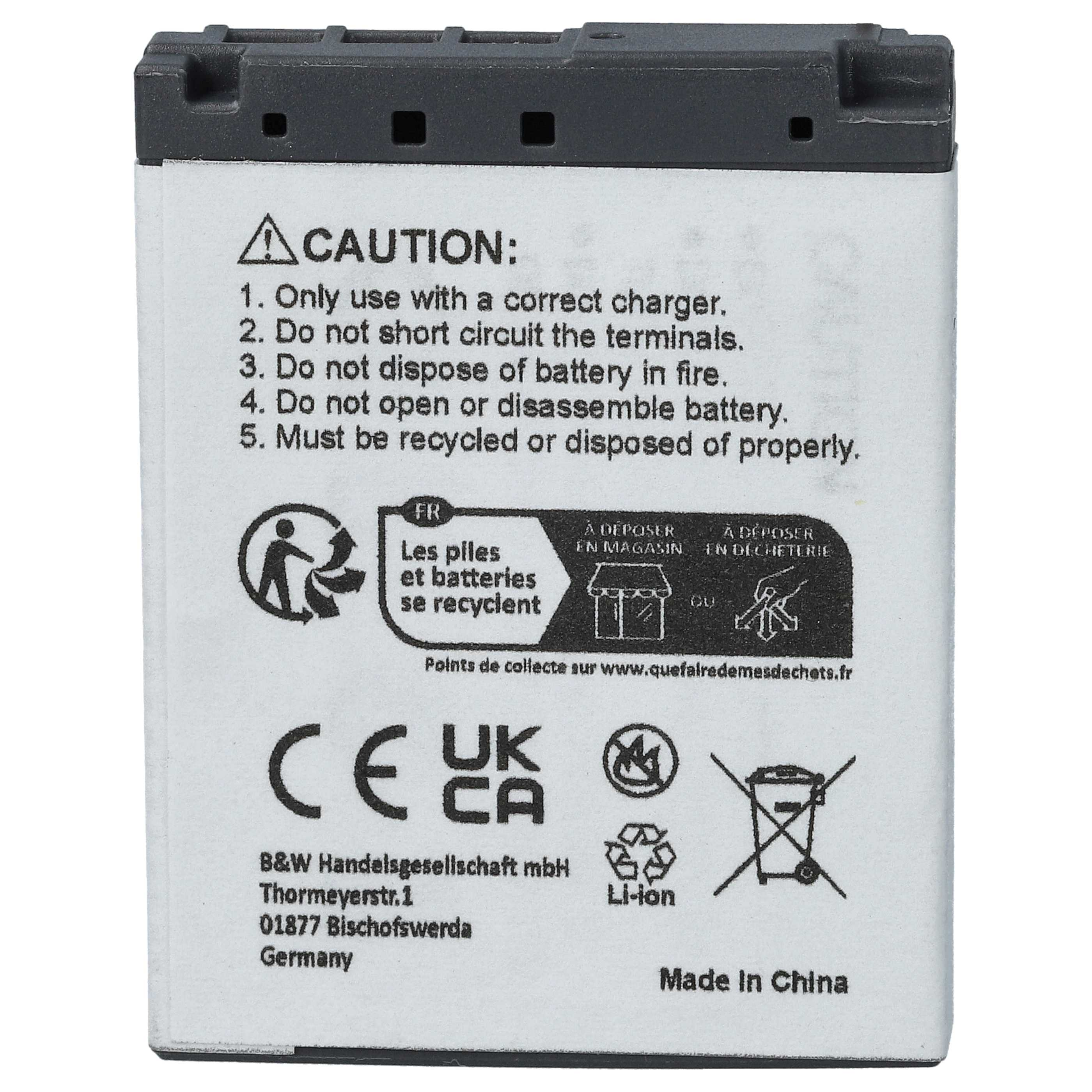 Ein Akku mit Warnhinweisen. Er hat Recycling-Symbole, CAUTION-Text und Anweisungen. Hergestellt in China.