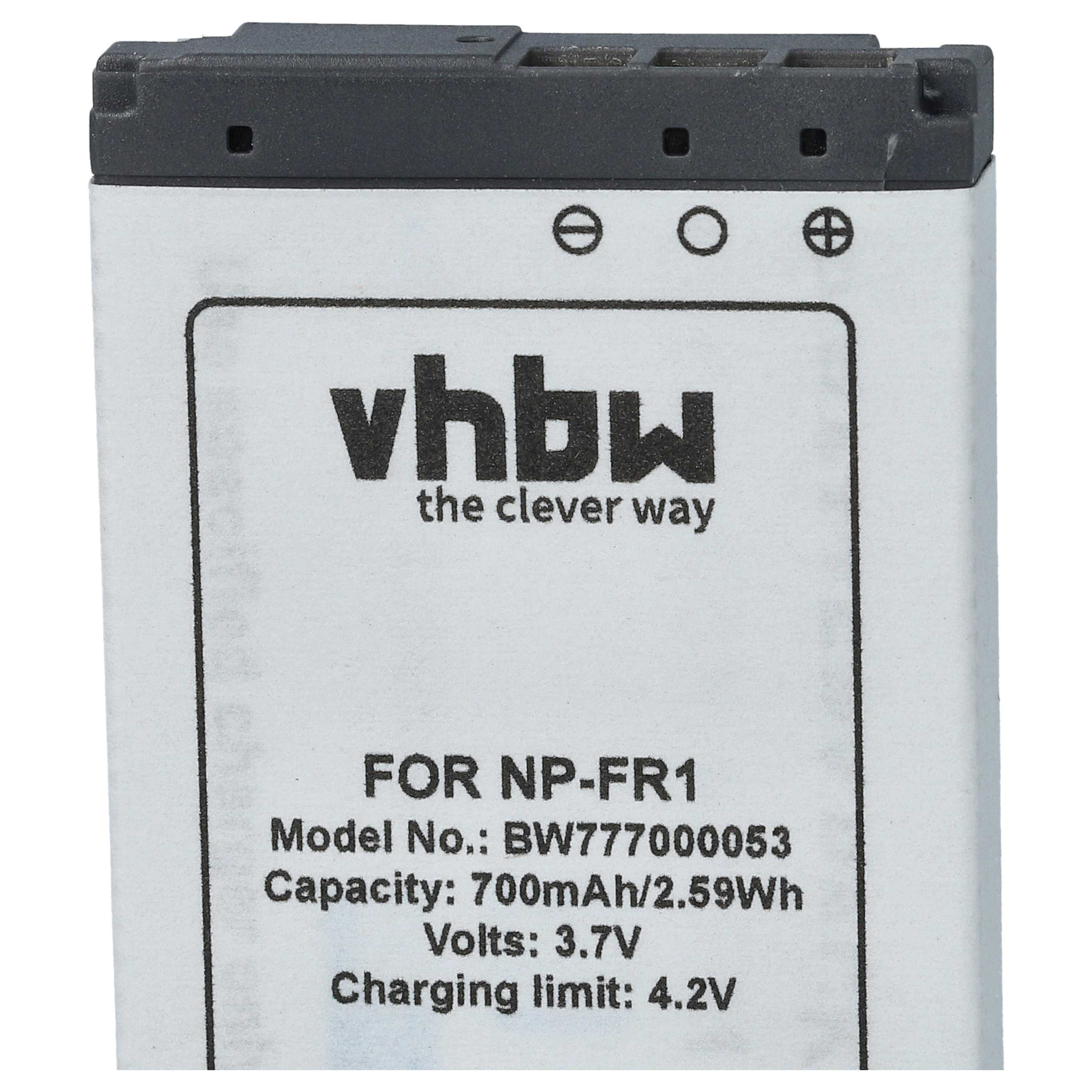 Ein Akku mit Text: vhbw, FÜR NP-FR1, Modell-Nr.: BW777000053, Kapazität: 700mAh/2,59Wh, Volt: 3,7V, Ladegrenze: 4,2V.