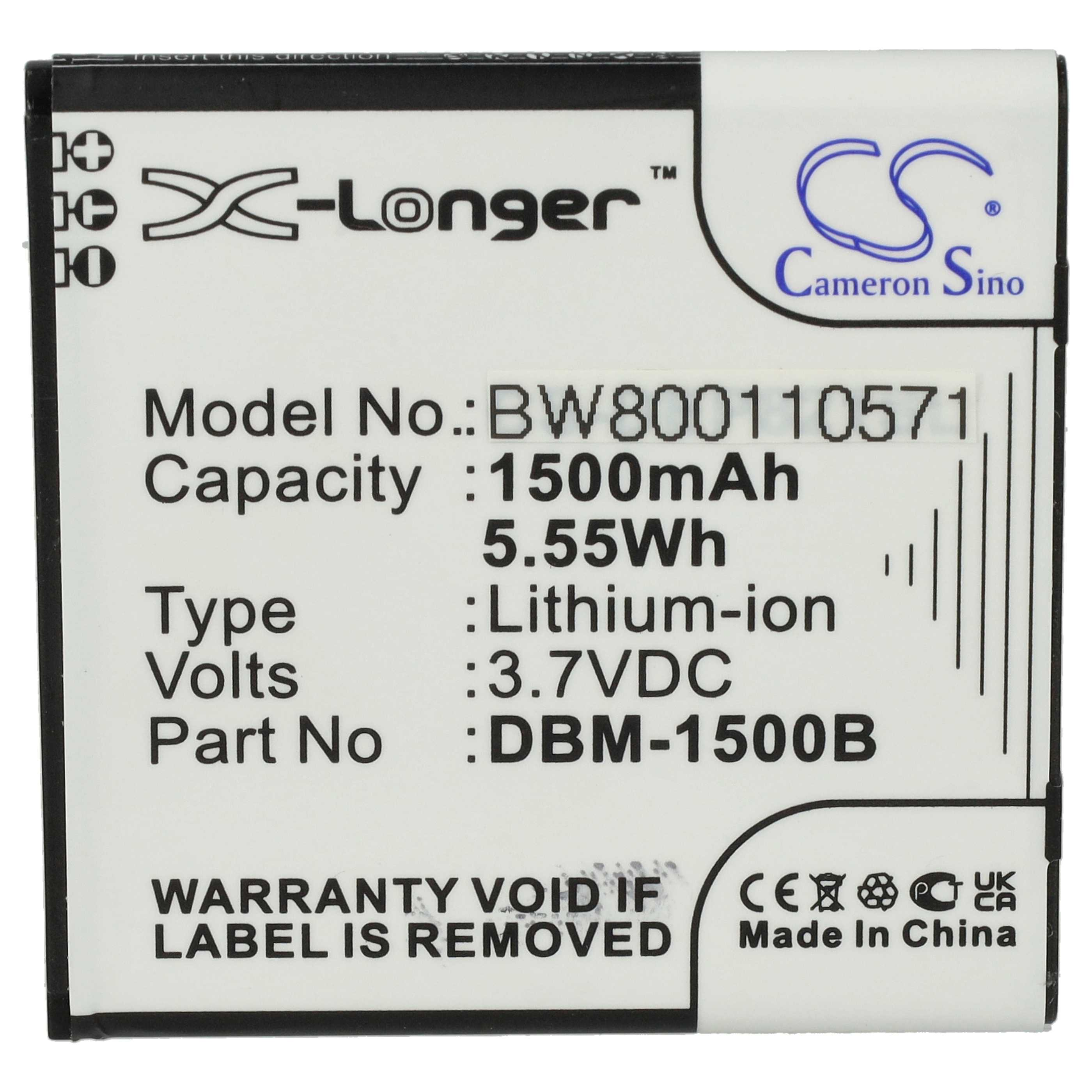 Ein weißes Batterieetikett mit schwarzem Text. Es hat das X-Longer-Logo, Modell, Kapazität, Typ, Volt und Teilenummer.