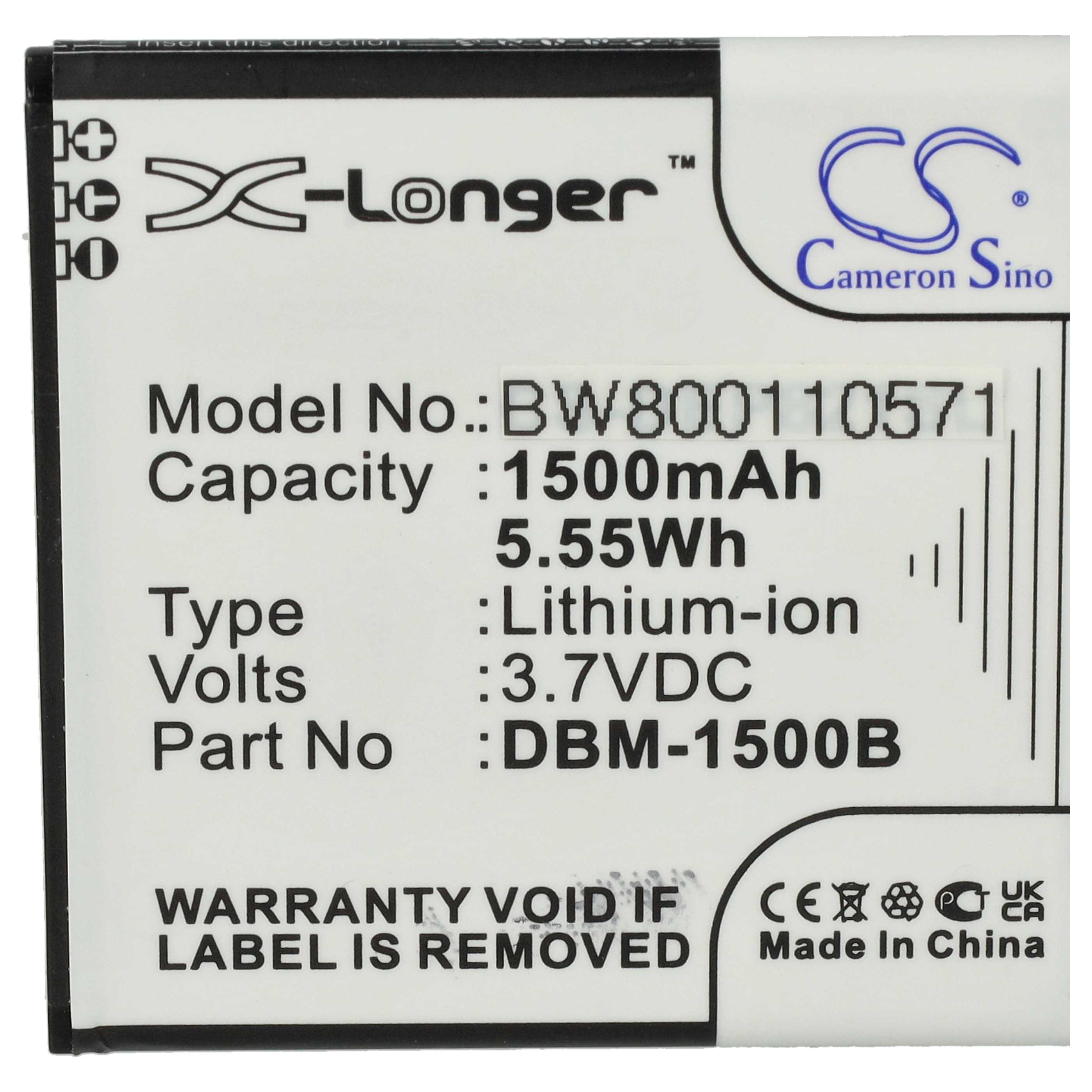 Ein weißes Etikett mit Text. Es zeigt Modell, Kapazität, Typ, Volt und Teilenummer der Batterie. Die Marke ist X-Longer.
