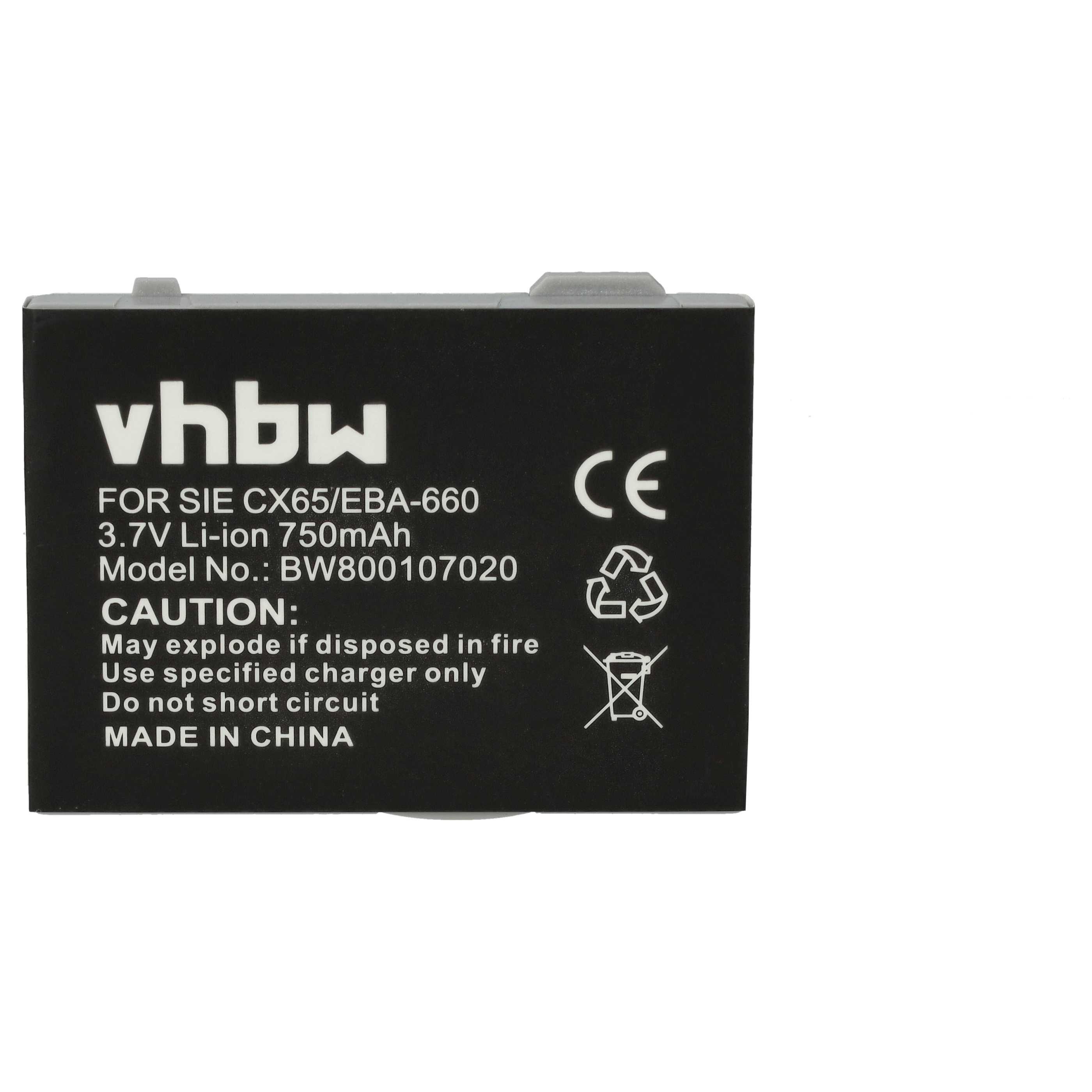 Schwarzer Akku mit weißem Text: vhbw, Spezifikationen, Vorsicht und CE-Symbol. Weißer Hintergrund.