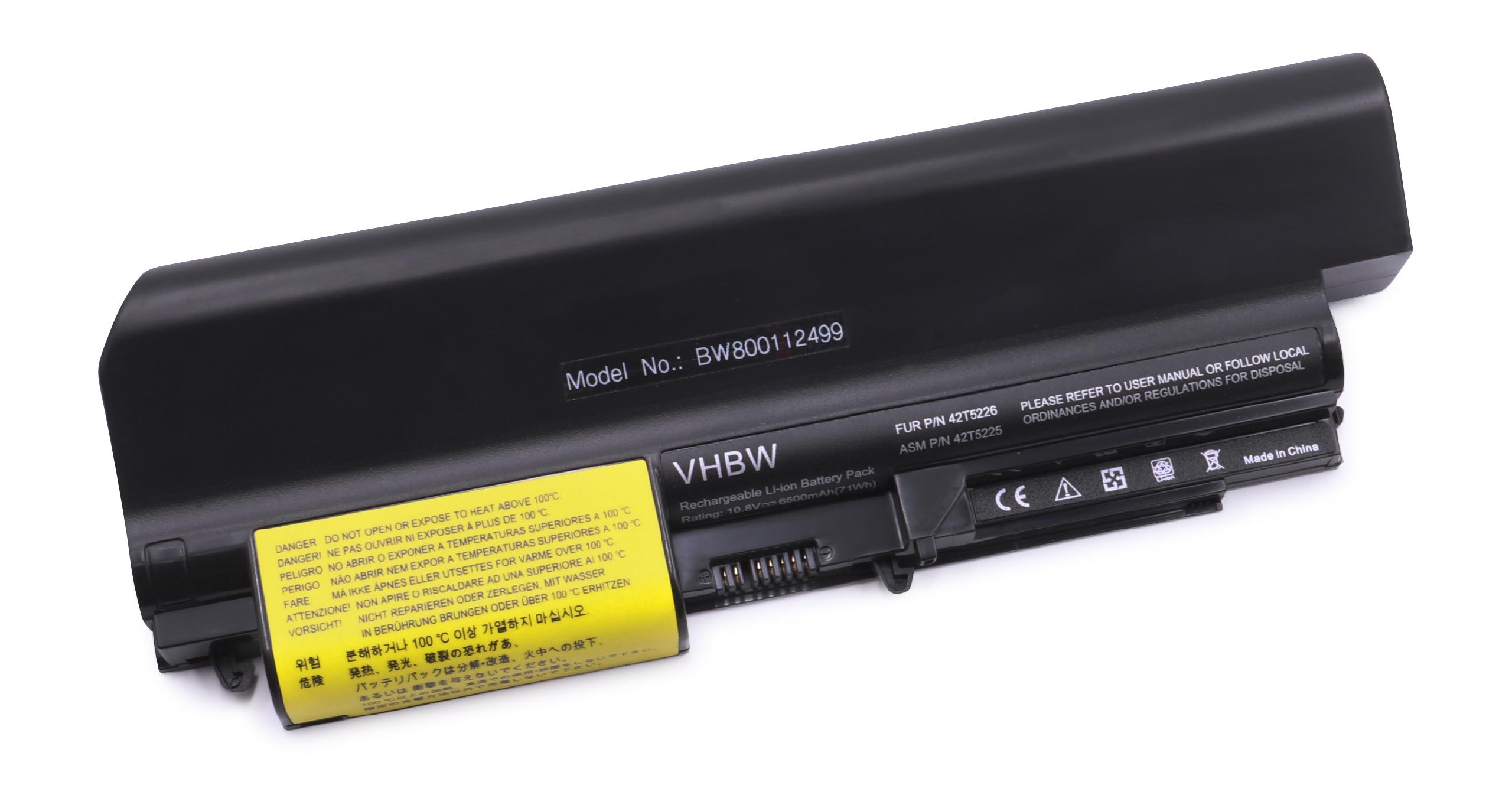 Schwarzer, wiederaufladbarer VHBW Li-Ionen-Akkupack mit Warnhinweisen. Modellnummer BW800112499. Etikett mit Sicherheitshinweisen und Entsorgungsinformationen.