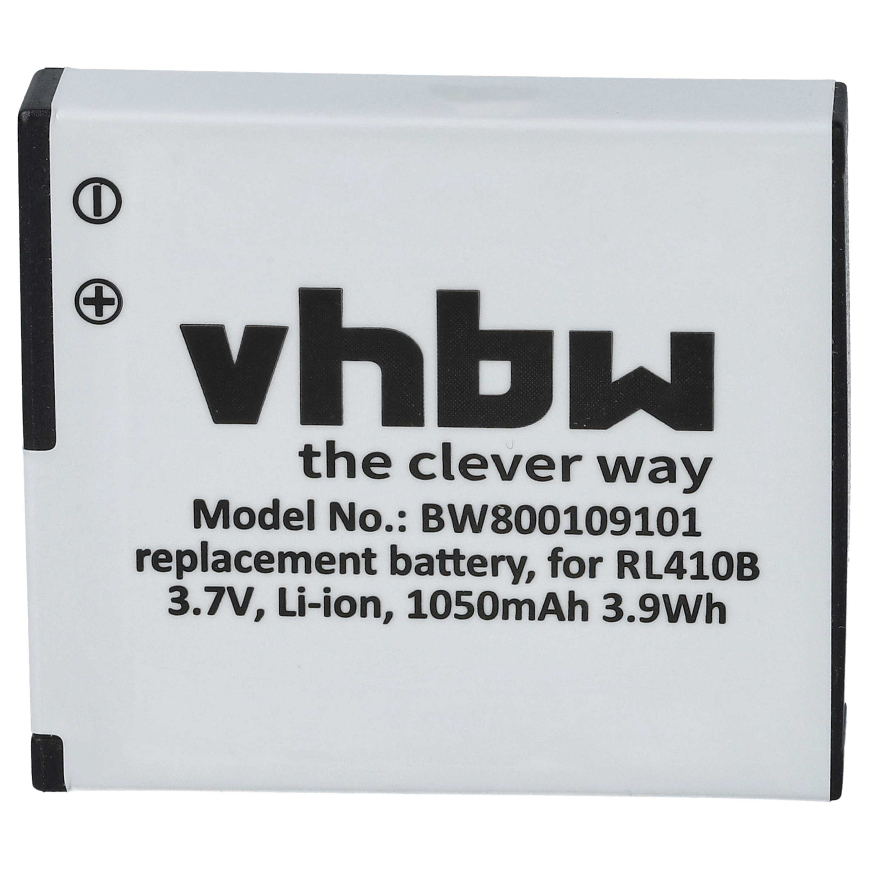 Ein weißer Akku mit schwarzem Text: vhbw, the clever way, Modellnummer, Ersatzakku, 3,7V Li-Ion.