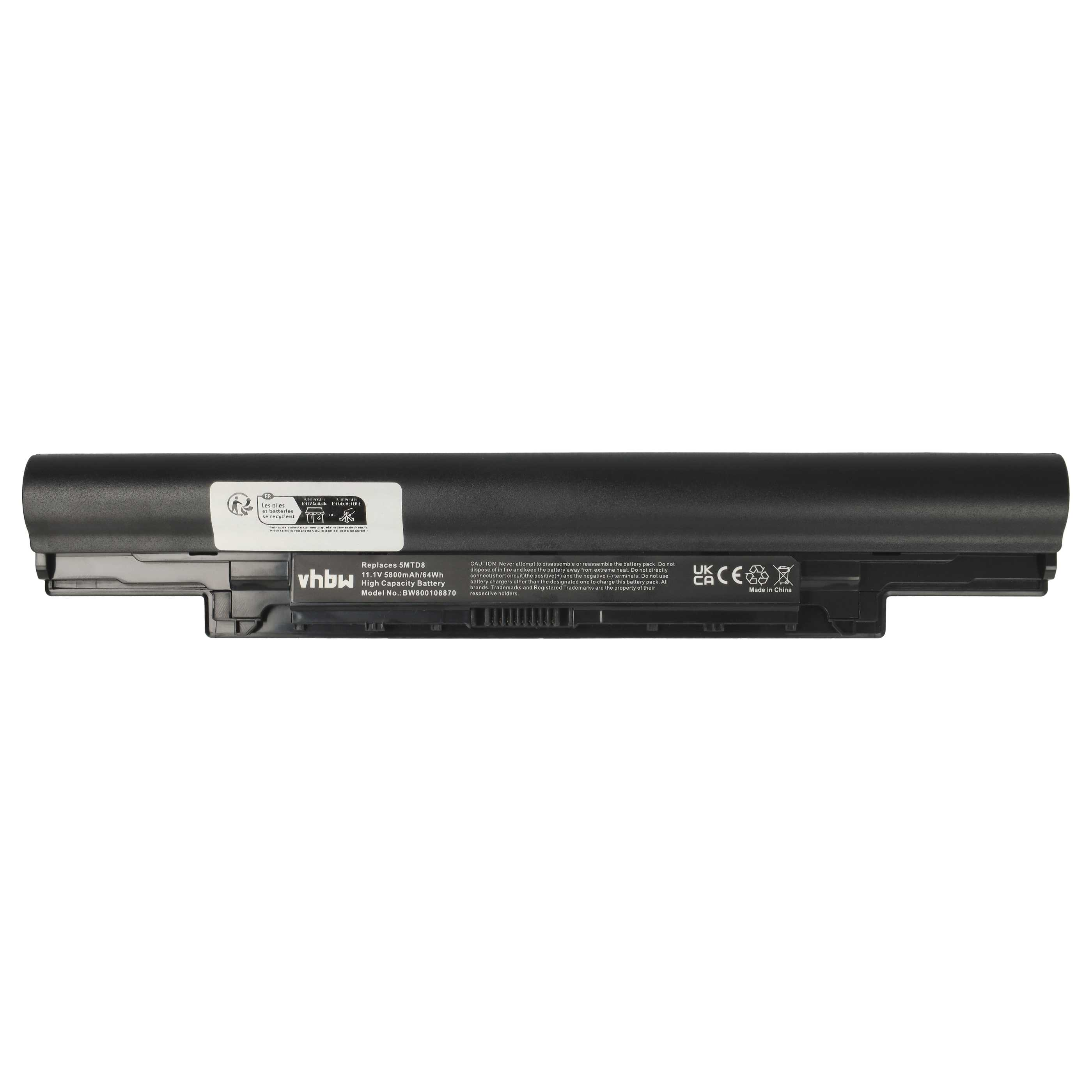 Ein schwarzer Laptop-Akku mit Text, Symbolen und der Marke vhbw. Er hat Recycling-Symbole und Warnhinweise.