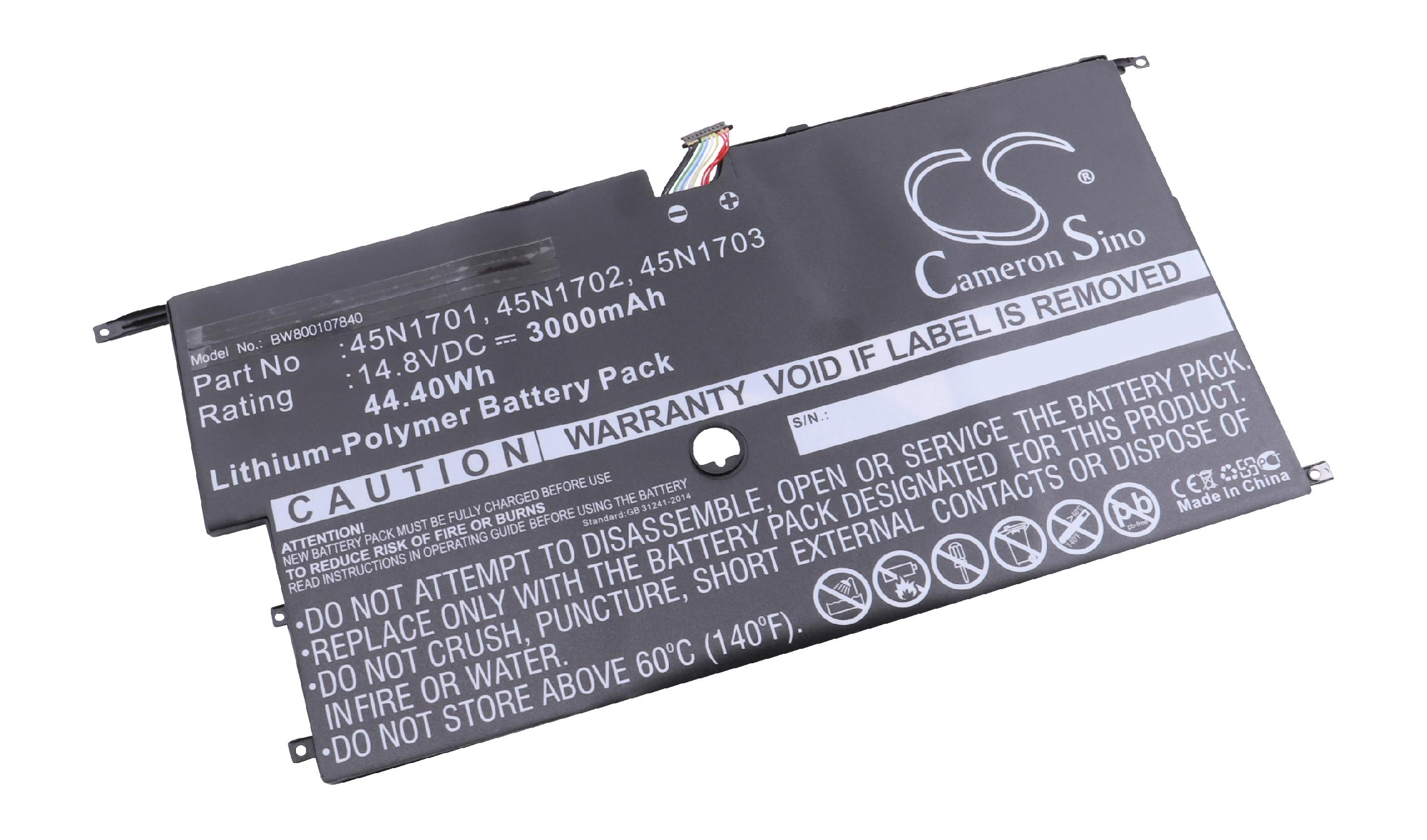 Ein schwarzes Akku-Pack mit weißem Text. Details umfassen Modell, Teilenummer, Spannung und Warnungen. Die Marke ist Cameron Sino.