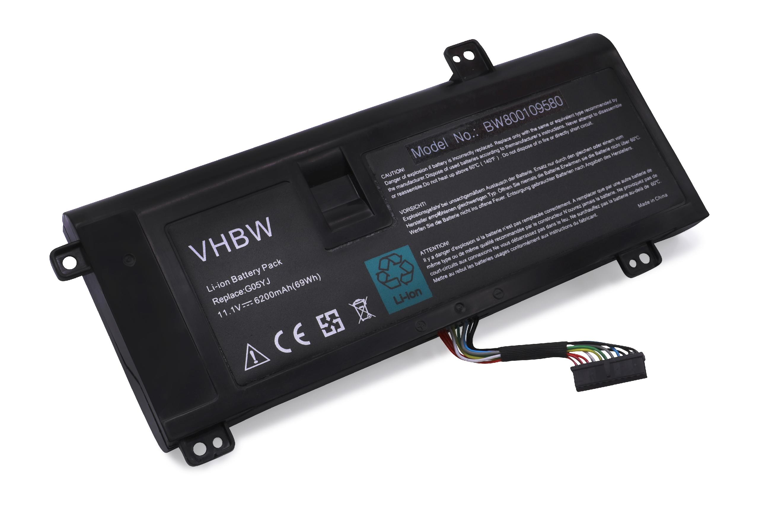 Schwarzer VHBW Li-Ionen-Akku mit Text und Warnungen. Es hat ein Kabel mit farbigen Drähten und einem Stecker.