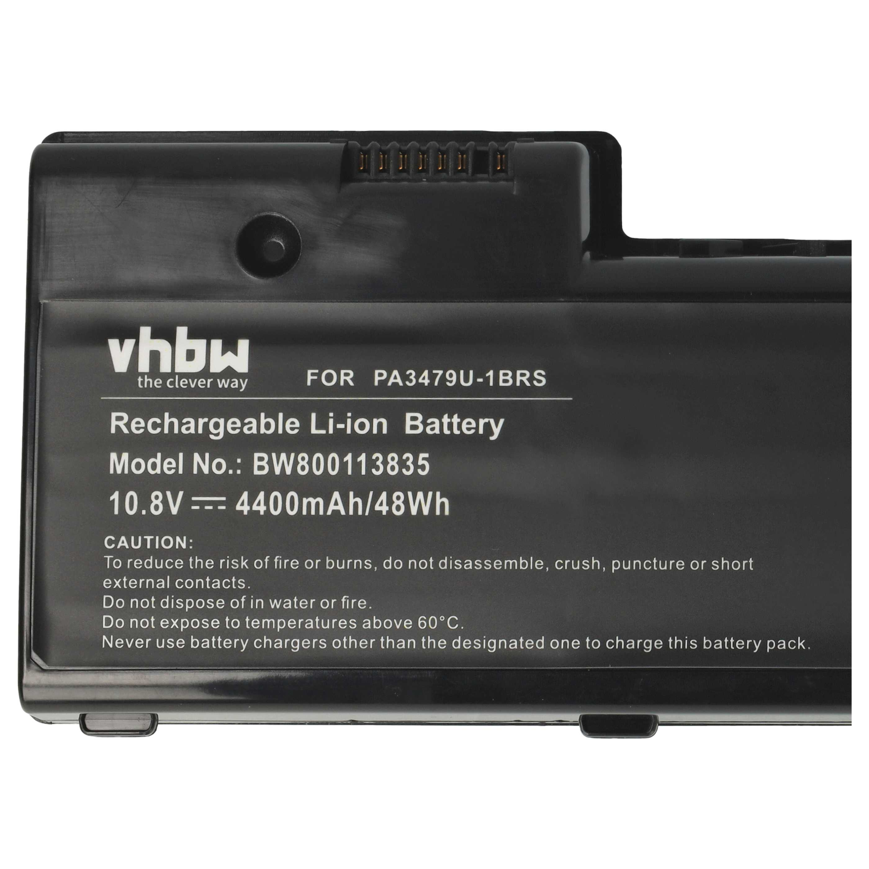 Ein schwarzes rechteckiges Akkupack mit weißem Text. Es steht 'Rechargeable Li-ion Battery' und hat Warnhinweise.