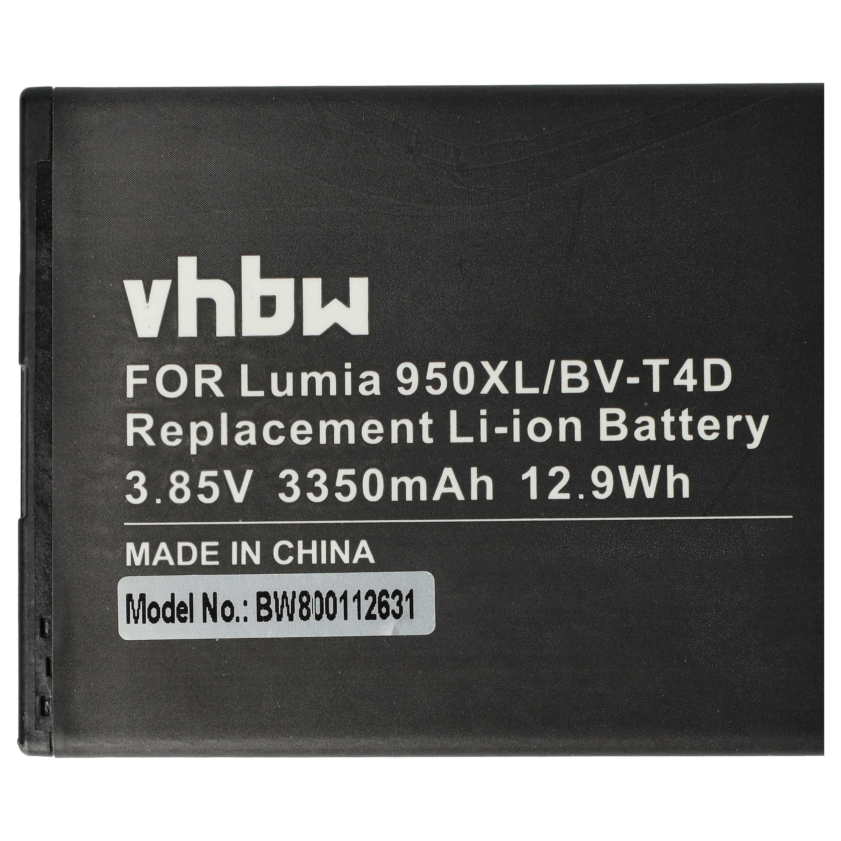 Eine schwarze vhbw Li-Ionen-Ersatzbatterie für Lumia 950XL, mit Text: 3,85V 3350mAh 12,9Wh. Hergestellt in China.
