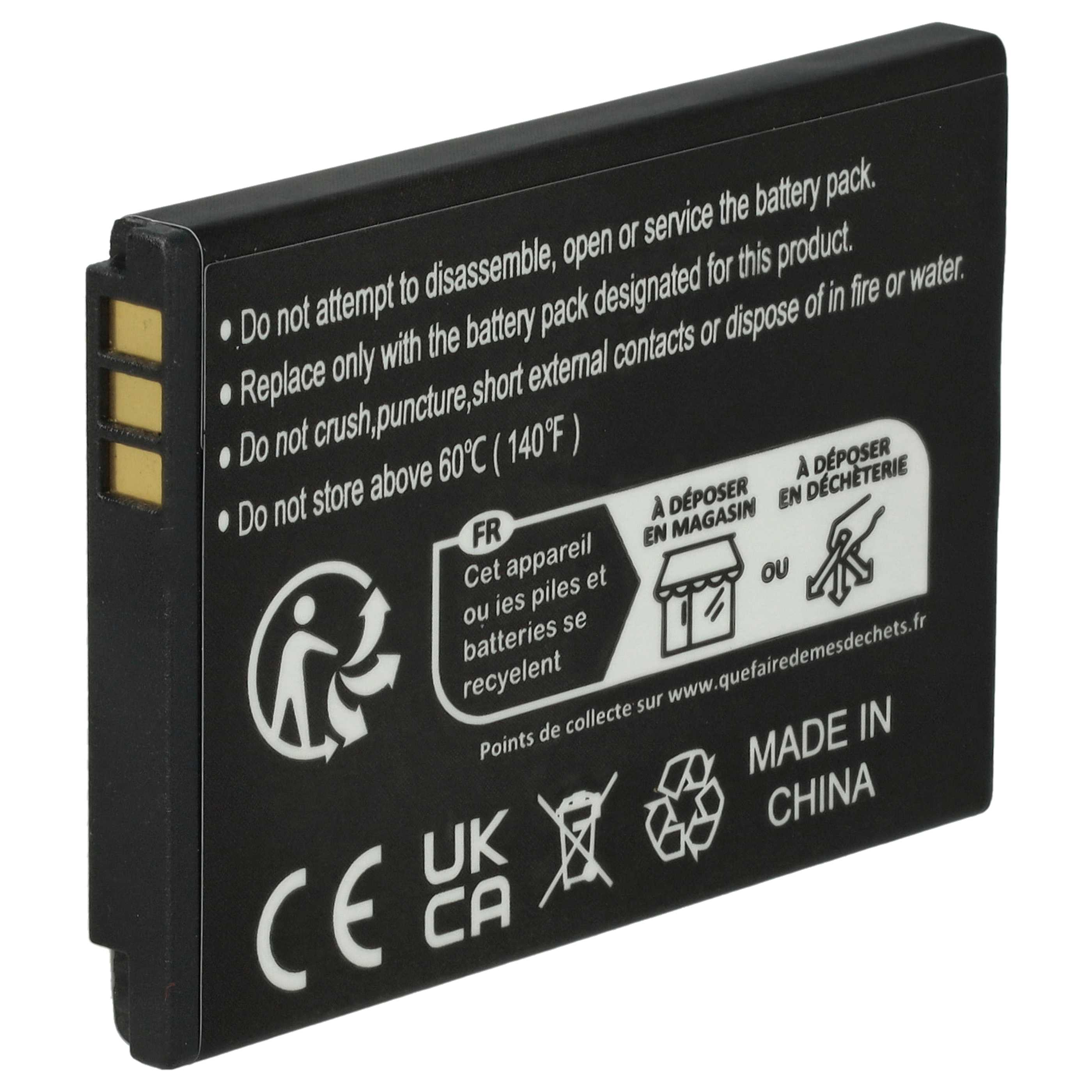 Schwarzer Akku mit weißem Text und Symbolen, einschließlich Recycling- und Entsorgungshinweisen. Hergestellt in China.