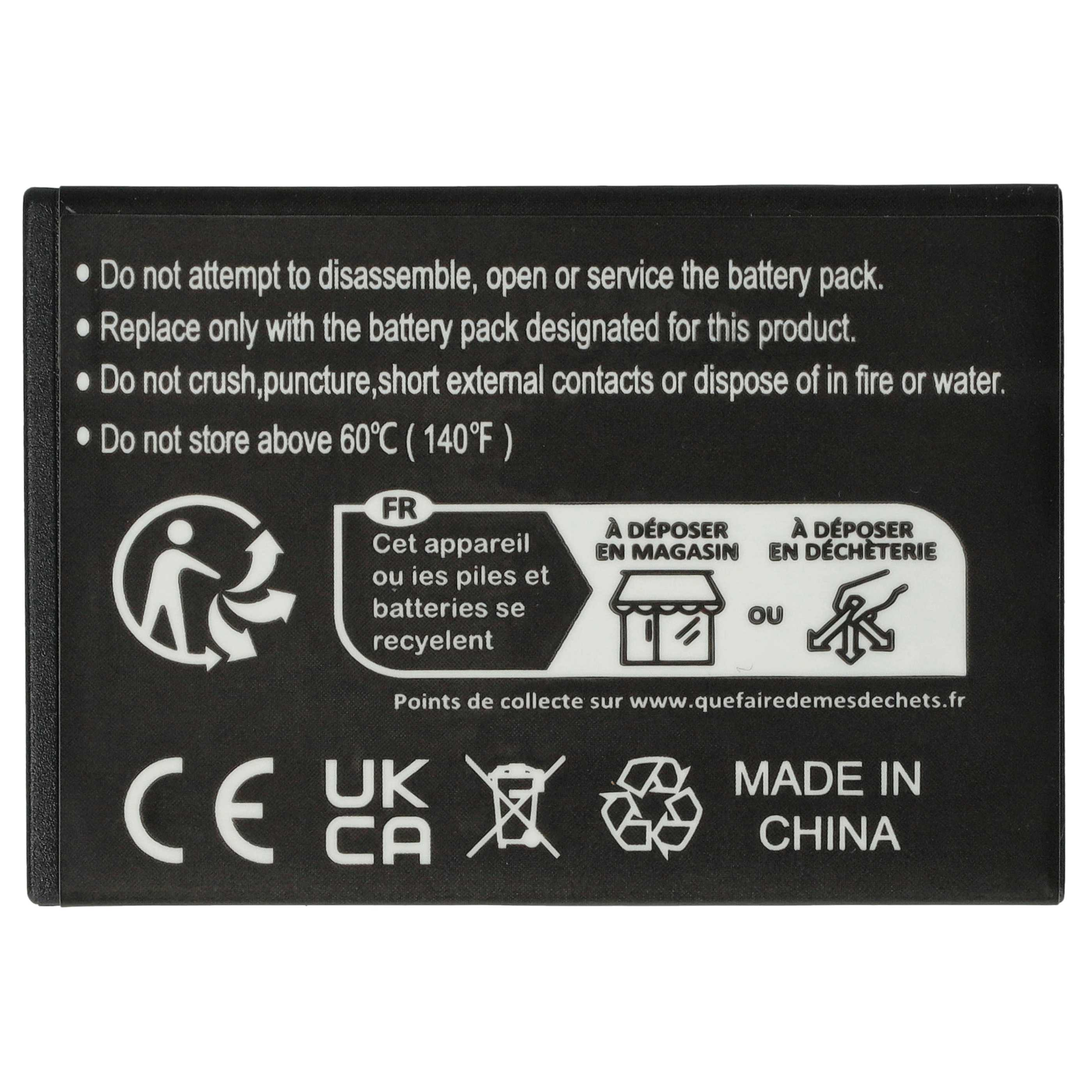 Schwarzer Akku mit Sicherheitshinweisen und Recycling-Symbolen. Enthält CE, UKCA und Made in China.