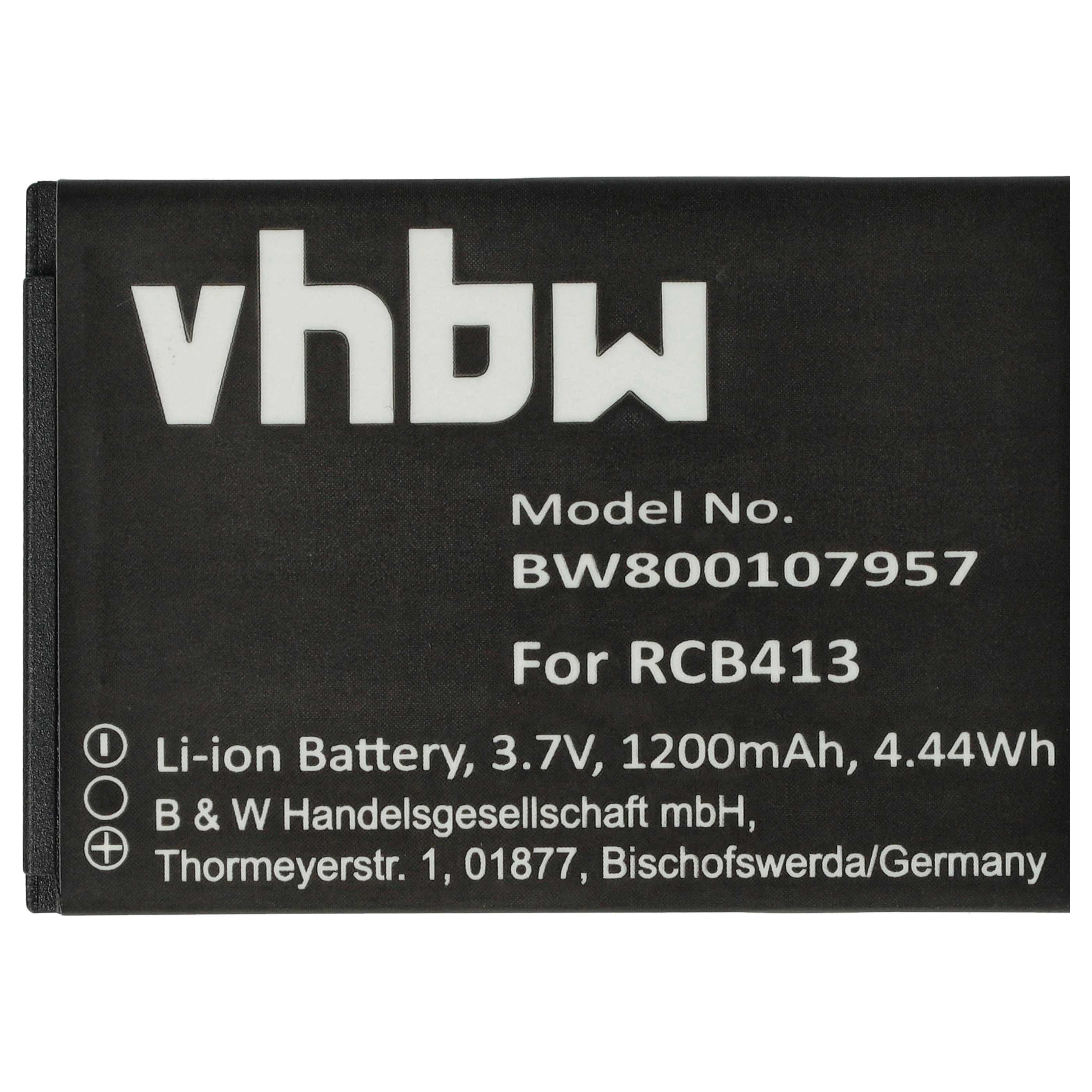 Schwarzes Batterieetikett mit weißem Text. 'vhbw'-Logo oben, Modellnummer und Spezifikationen. Informationen umfassen Batterietyp und Firmendetails.