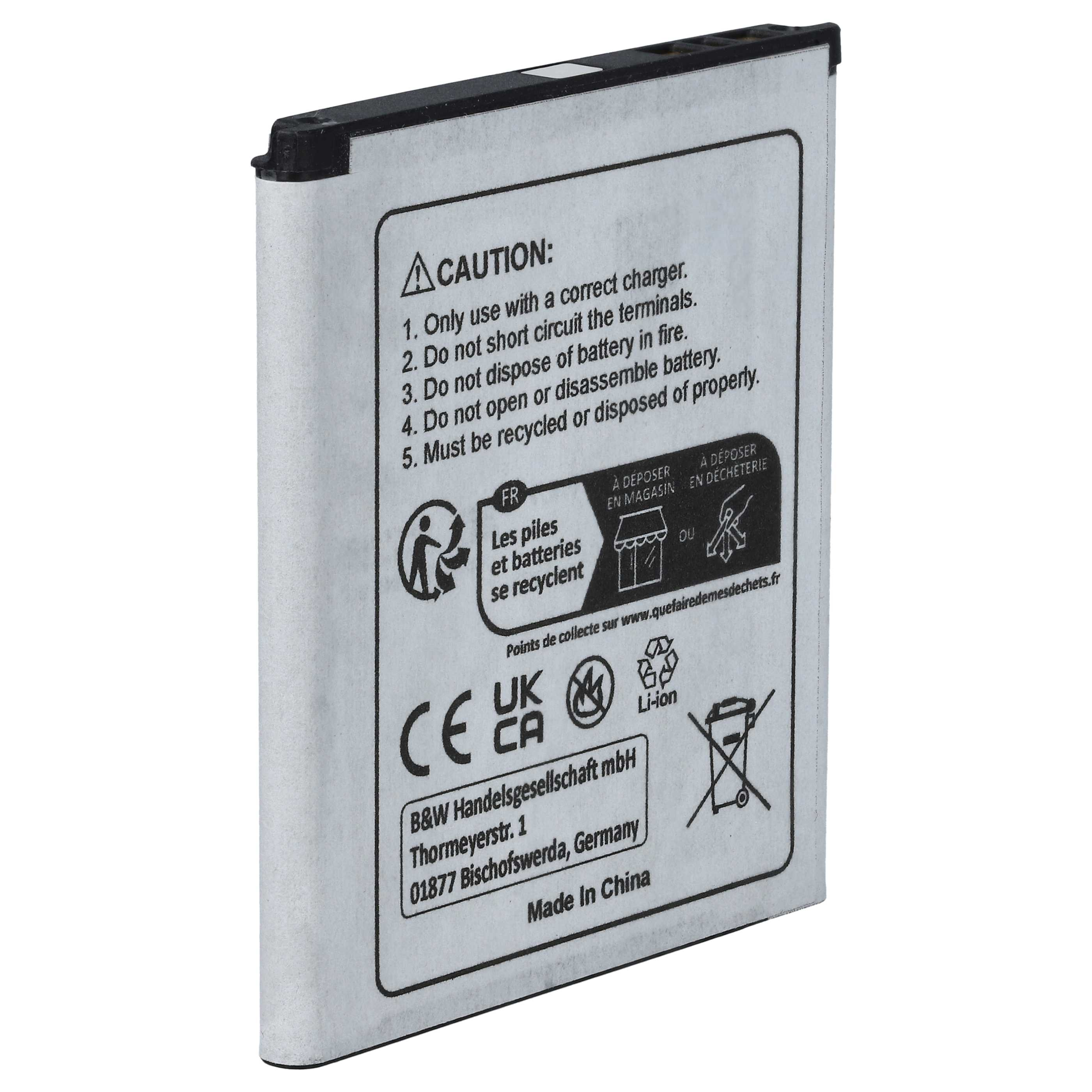 Rechteckiger Akku mit Warnhinweisen und Recycling-Symbolen. Text enthält 'Made in China' und 'Li-ion'.