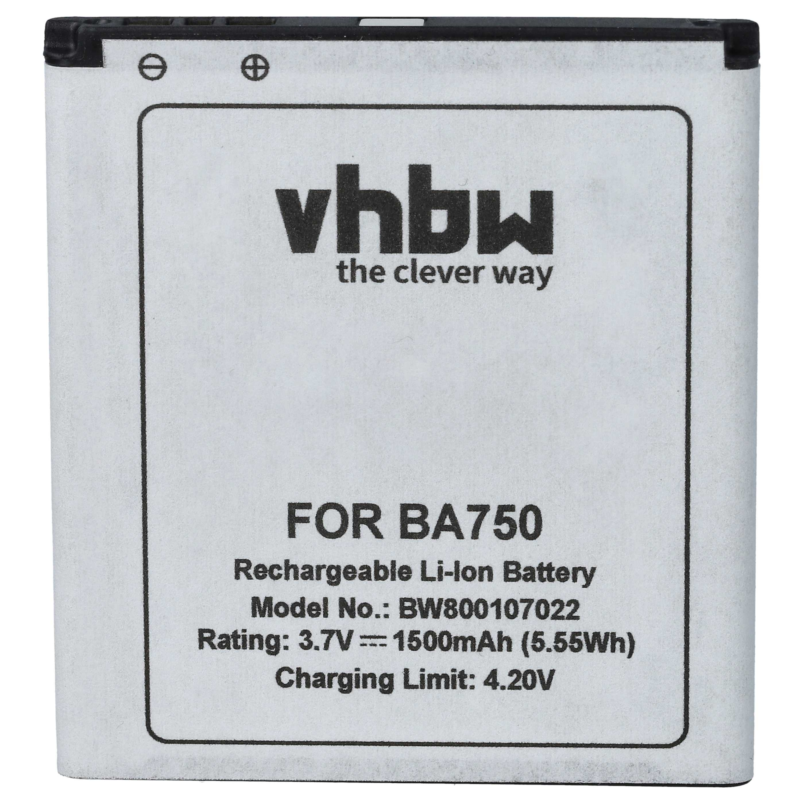 Ein weißer Akku mit schwarzem Text. Er lautet 'vhbw', 'FOR BA750' und Spezifikationen wie Spannung und Kapazität.