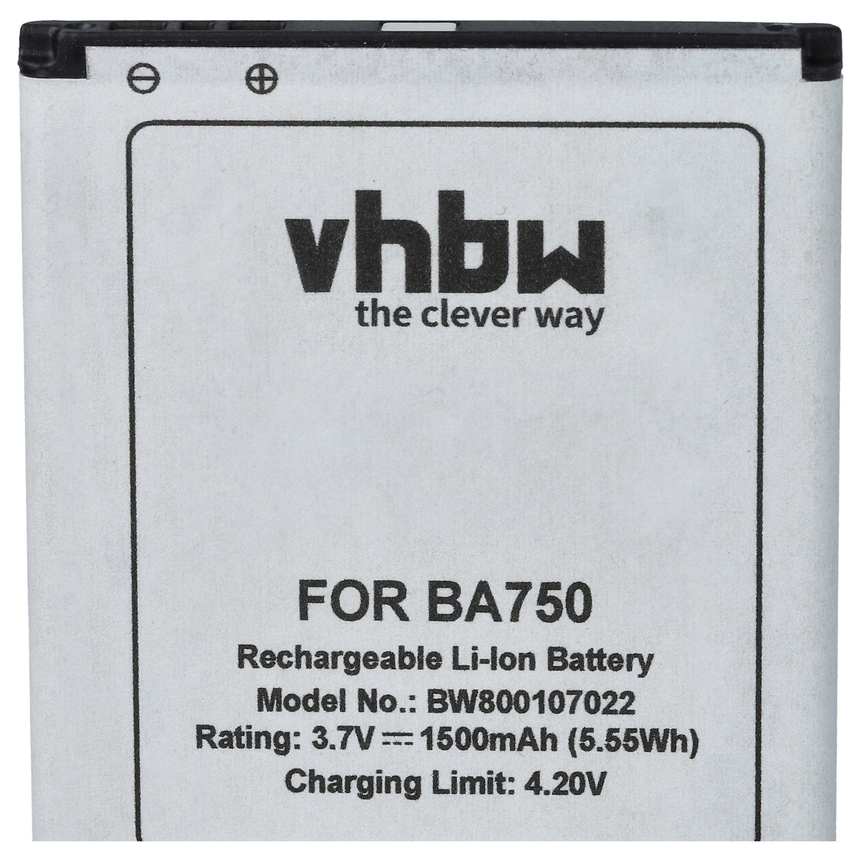 Ein Batterieetikett mit der Aufschrift 'vhbw' und Spezifikationen: FÜR BA750, 3,7 V, 1500 mAh, Ladebegrenzung: 4,20 V.