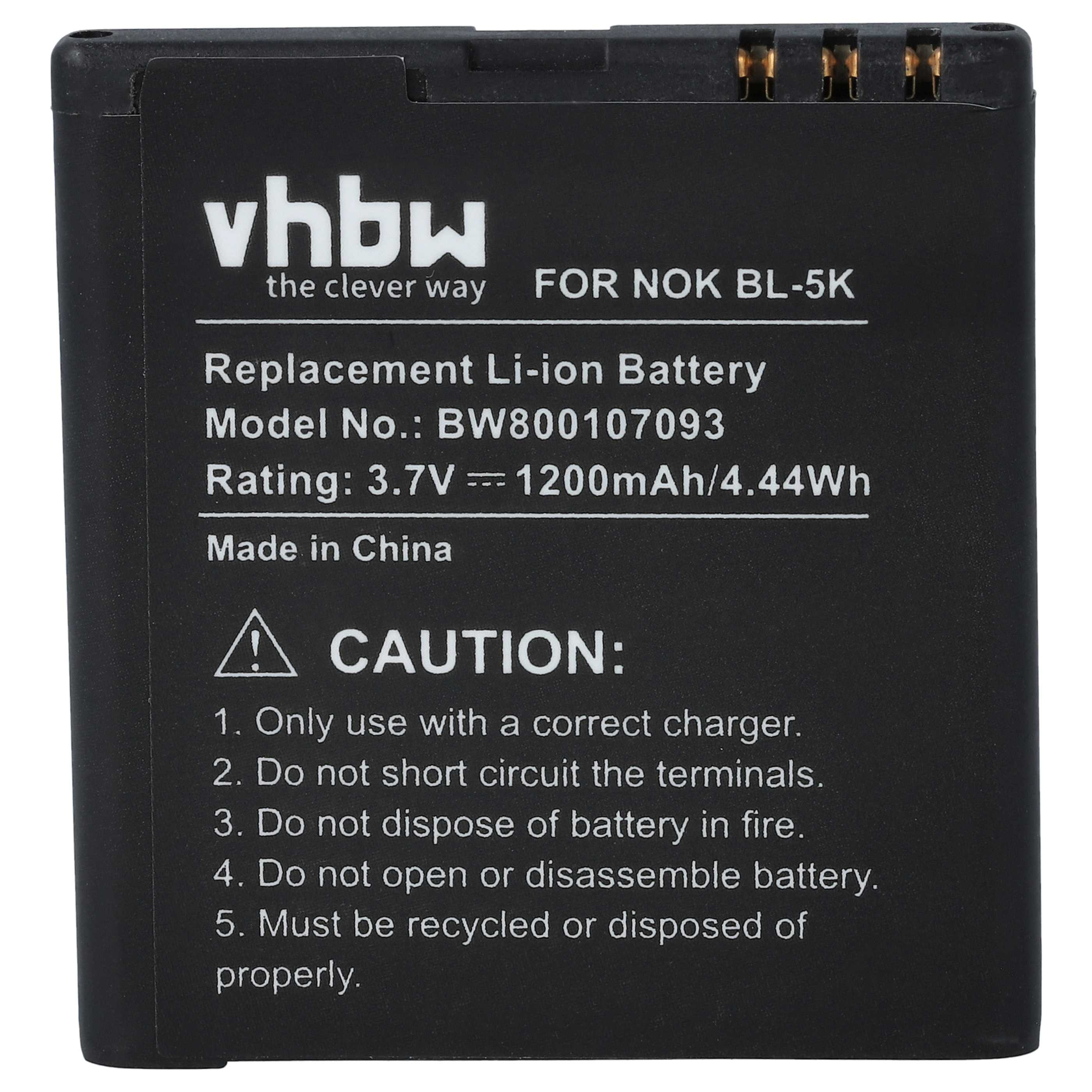 Schwarzer Akku mit weißem Text: 'vhbw', 'Replacement Li-ion Battery', Modellnummer und 'CAUTION' mit Sicherheitshinweisen.
