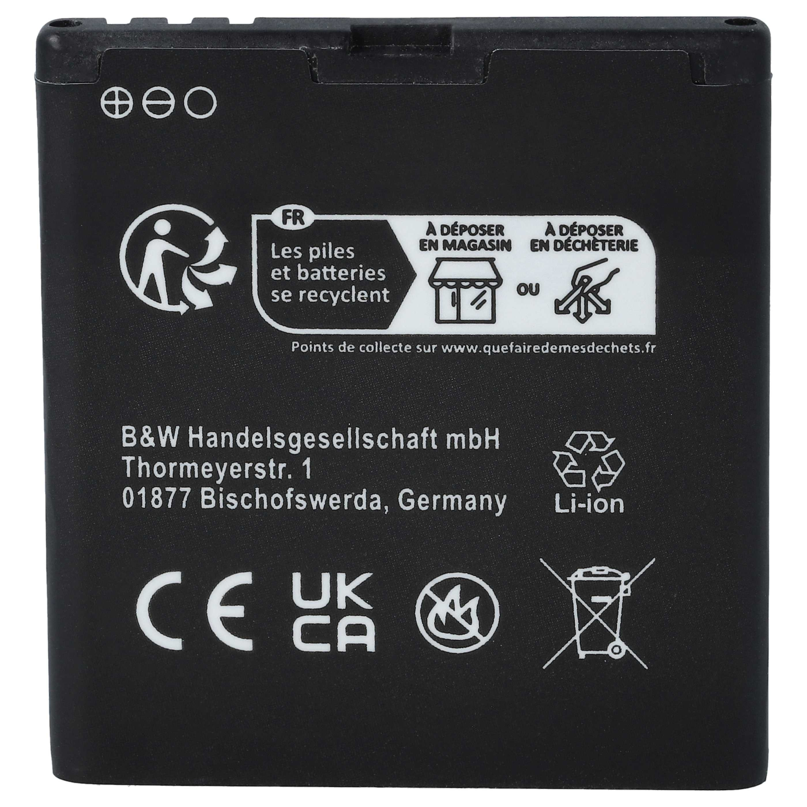 Schwarzer Akku mit Recycling-Symbolen und Text auf Französisch und Englisch. Er hat ein CE- und UK CA-Zeichen und Li-Ionen-Text.