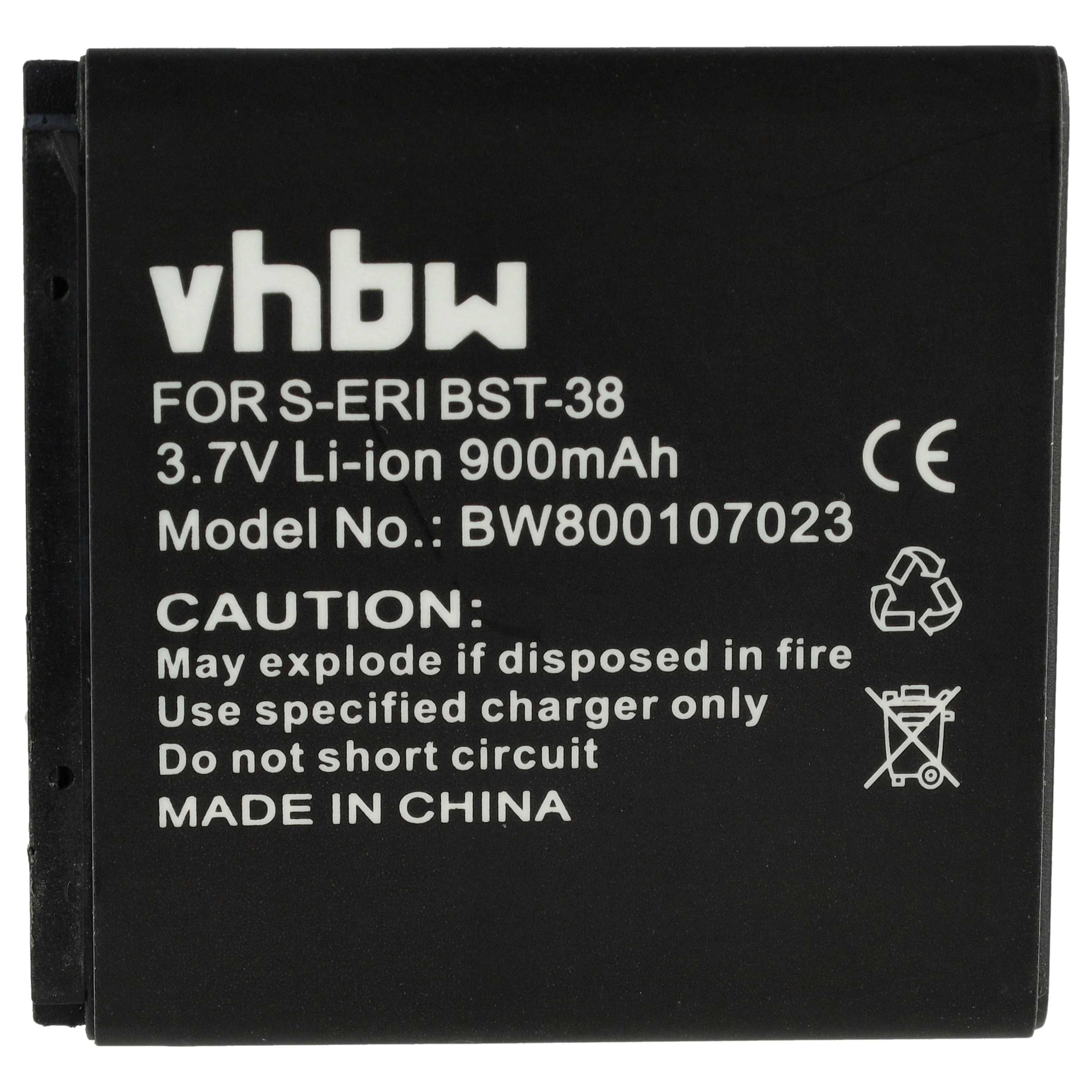 Ein schwarzes Akkupack. Text darauf: vhbw, 3,7V Li-Ion, Vorsicht: Kann explodieren, Made in China, und Recycling-Symbole.