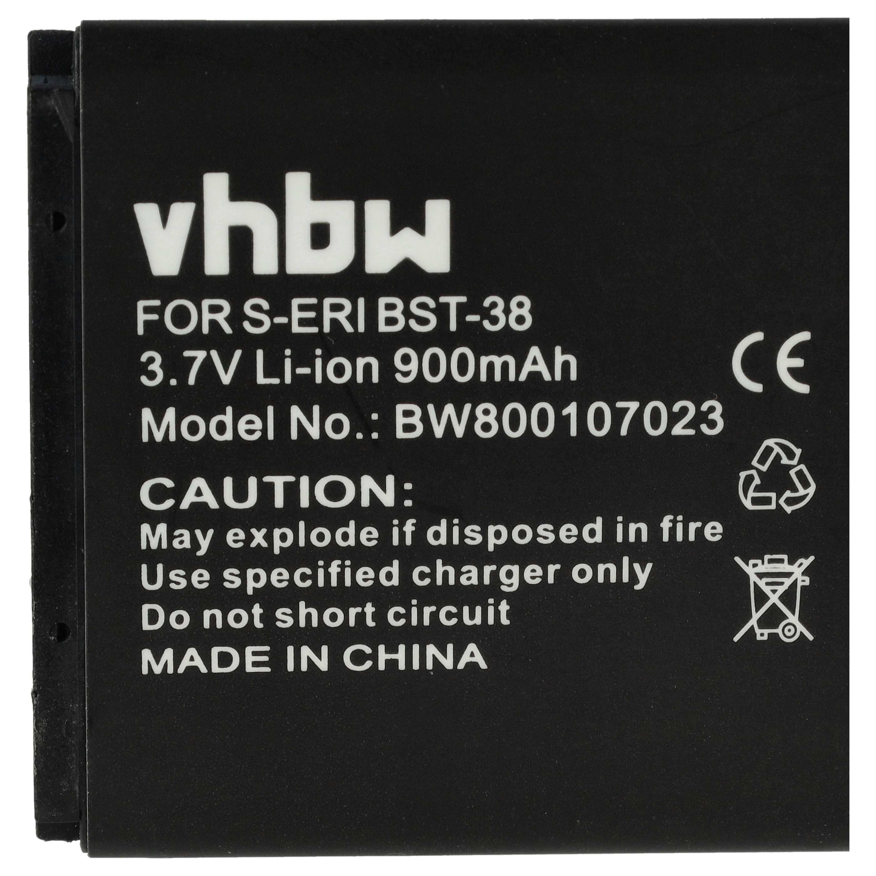 Schwarzer Akku mit weißem Text: vhbw, Spezifikationen, Warnhinweise und Made in China. Ein Recyclingsymbol ist vorhanden.