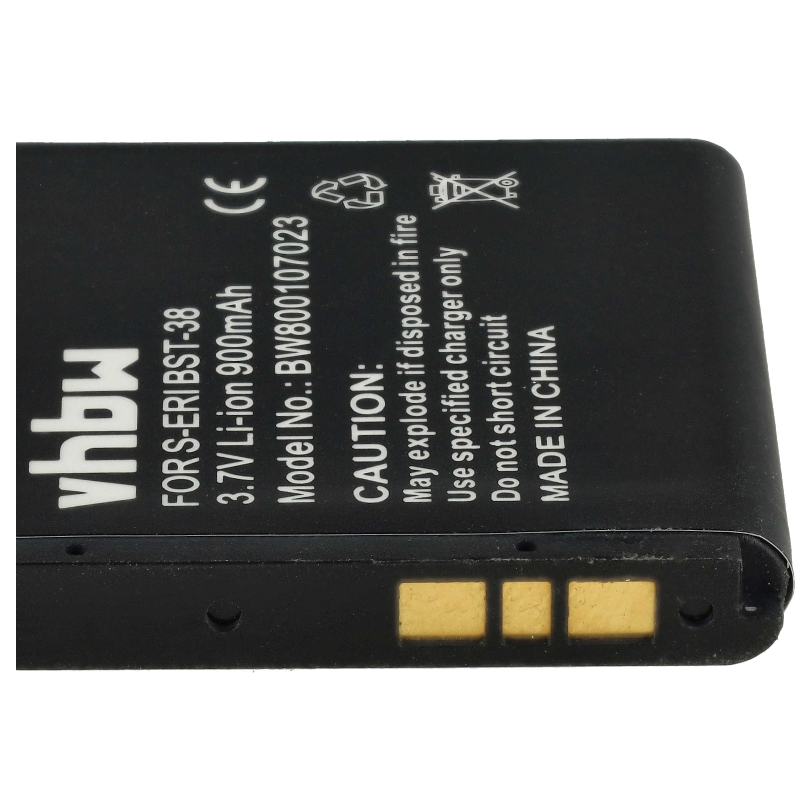 Schwarzer Akku mit weißem Text. Es steht 'vhbw', '3,7V Li-ion', 'MADE IN CHINA' und Warnhinweise.