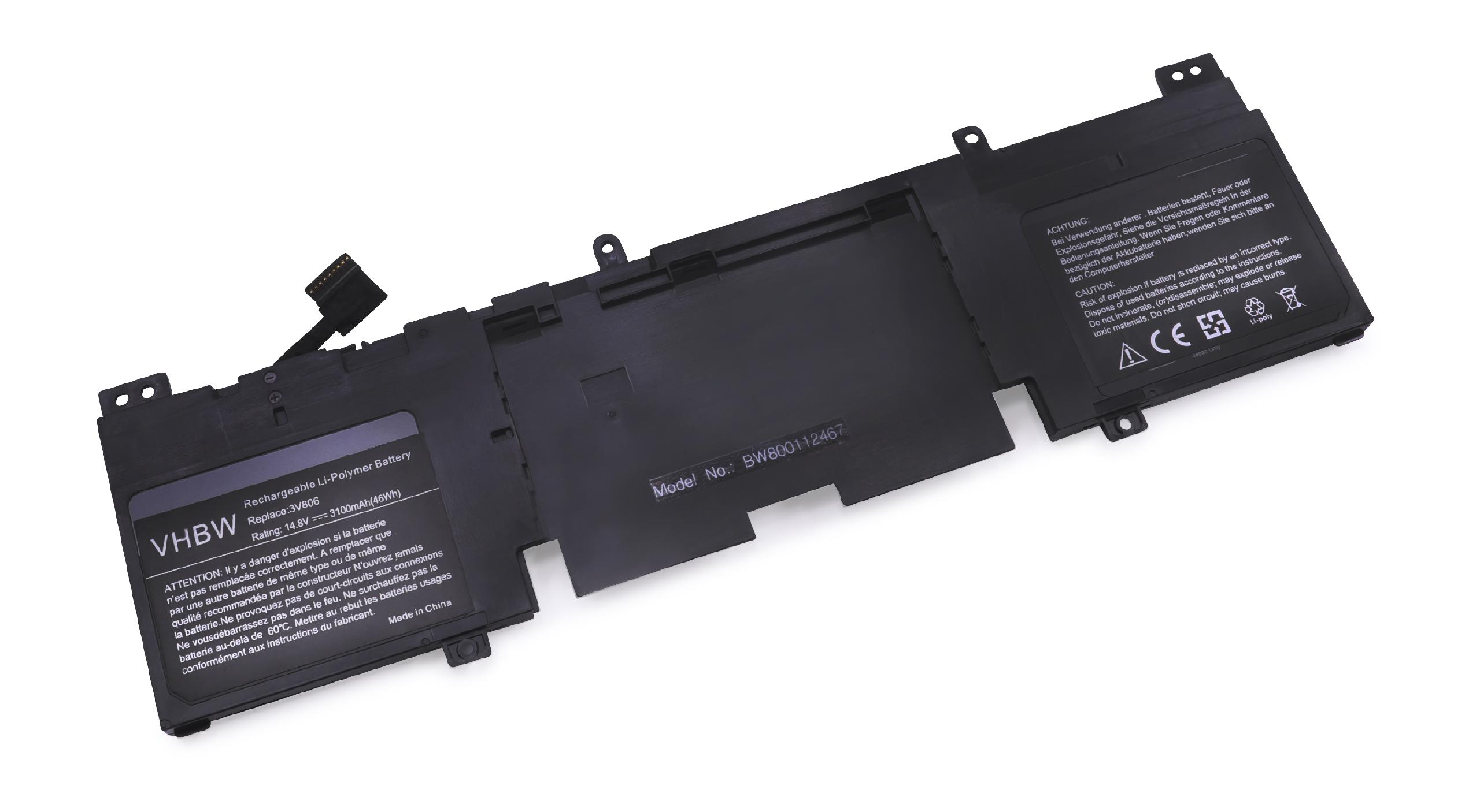 Schwarzer Laptop-Akku mit Text und Warnhinweisen auf weißem Grund.