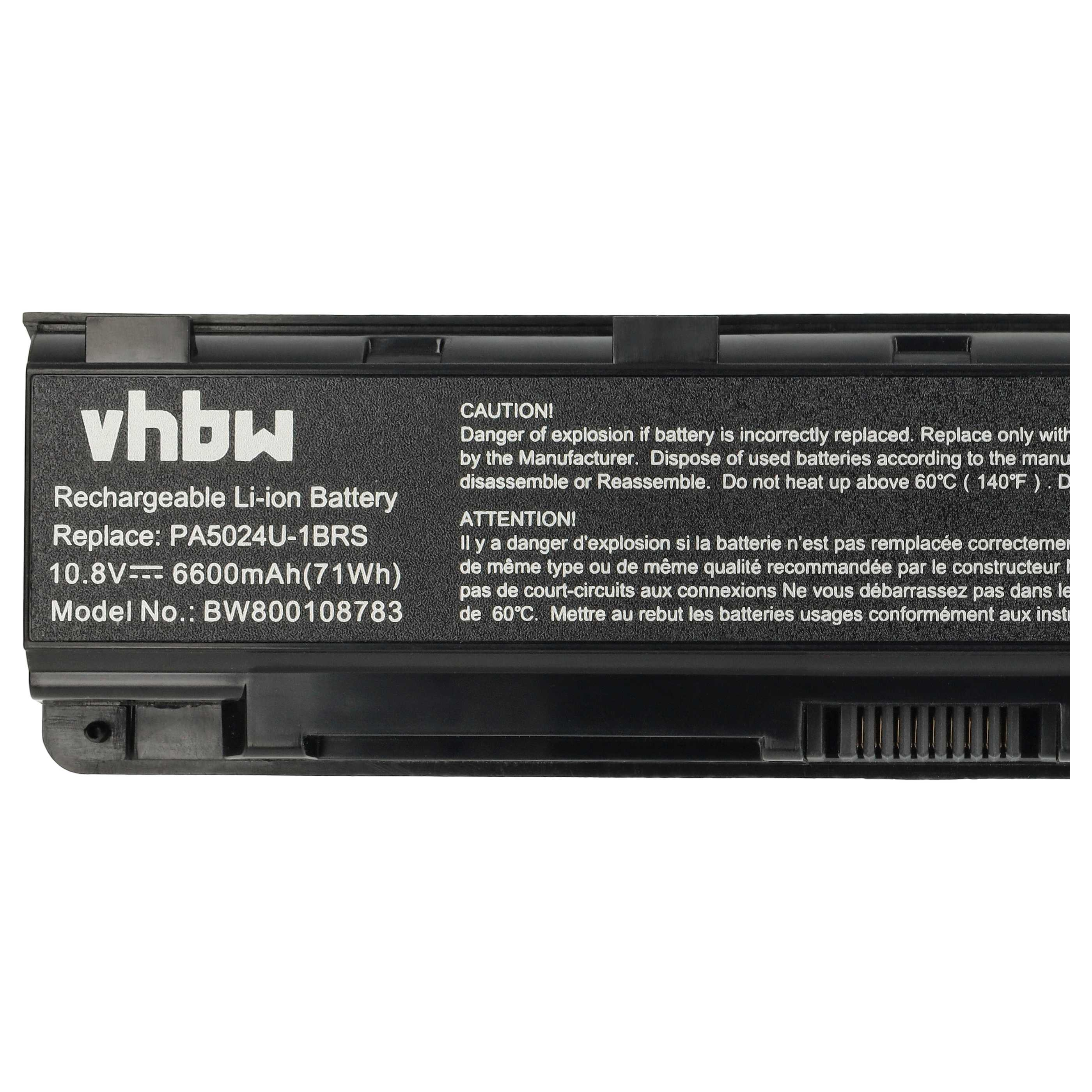 Schwarzer Laptop-Akku mit weißem Text: 'vhbw Rechargeable Li-ion Battery'. Warnhinweise sind ebenfalls sichtbar.