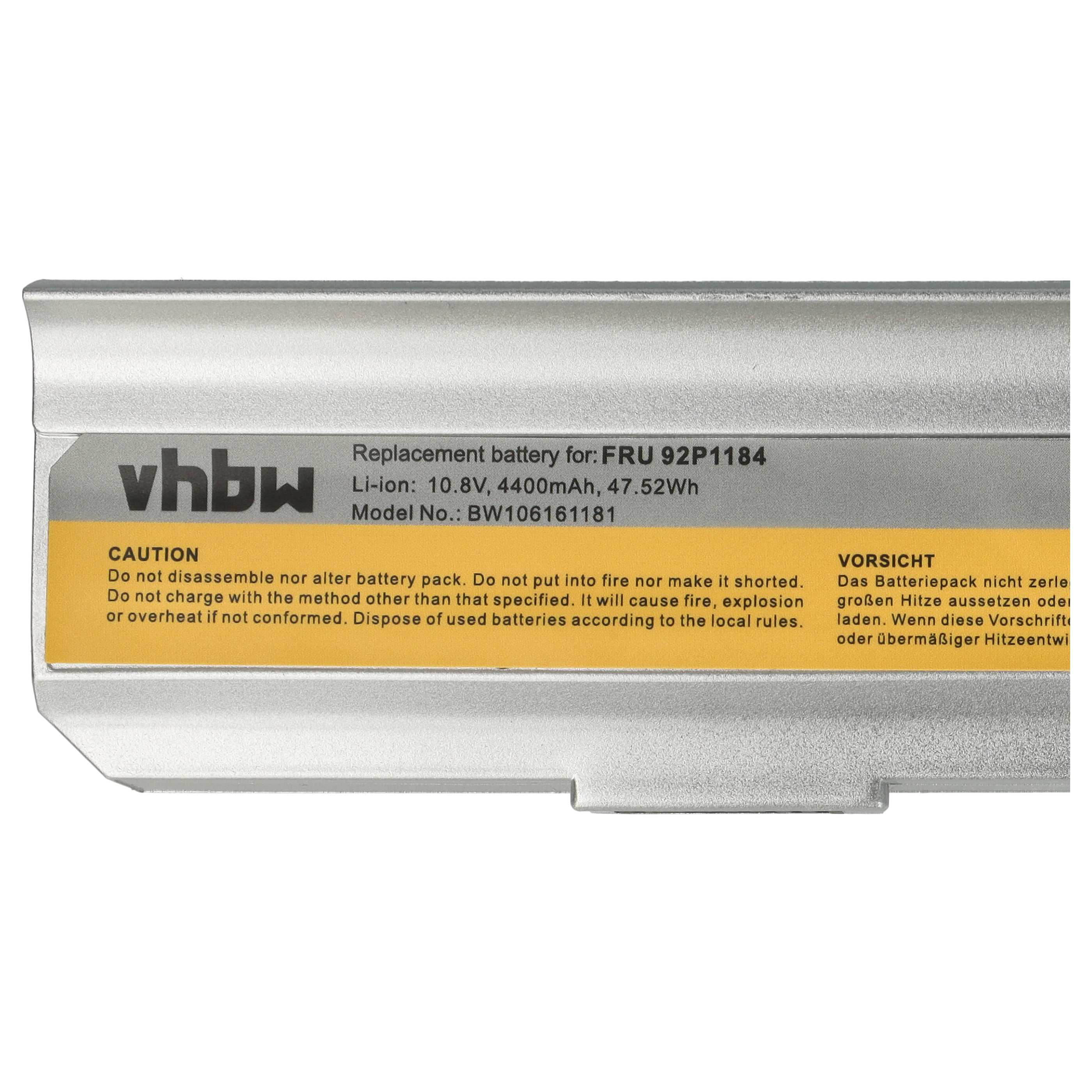 Ein silbernes Akkupack mit schwarzem Text. Es steht vhbw, FRU 92P1184, Li-Ion 10,8V und Warnhinweise.