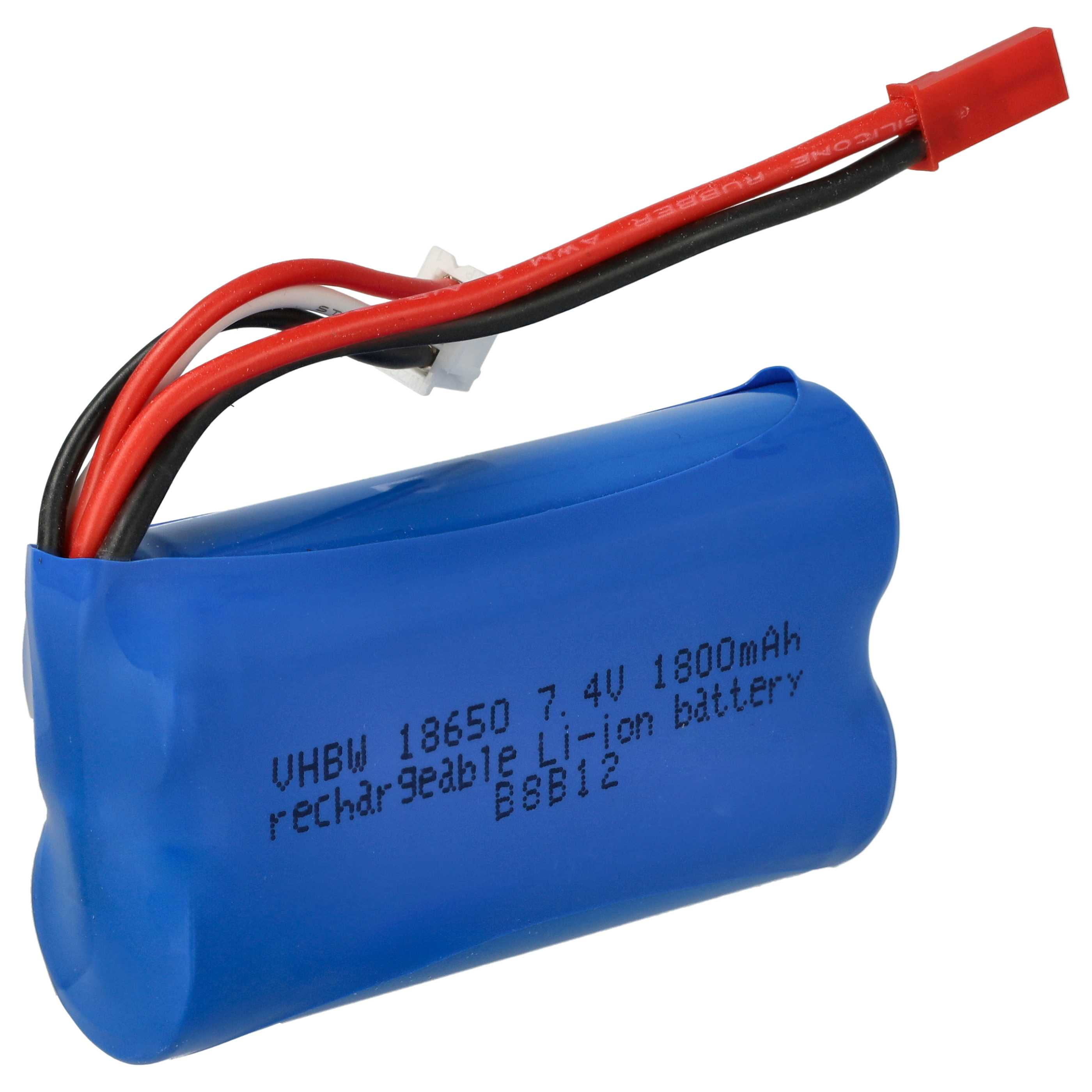 Ein blauer, wiederaufladbarer Li-Ionen-Akku mit schwarzen, roten und weißen Drähten, die mit einem roten Stecker verbunden sind.