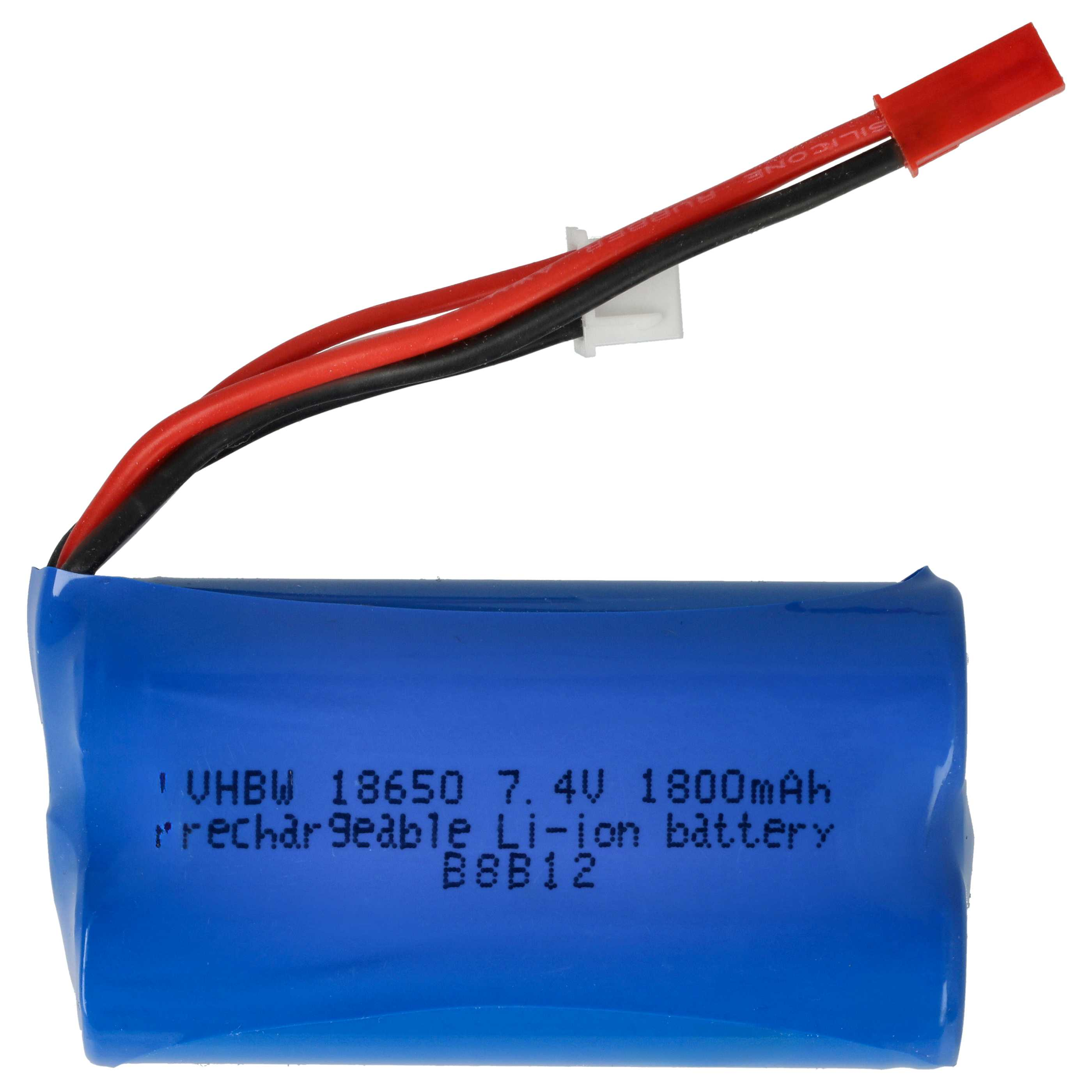 Ein blauer Akku mit roten und schwarzen Drähten. Aufschrift: 7,4V 1800mAh Li-Ion.