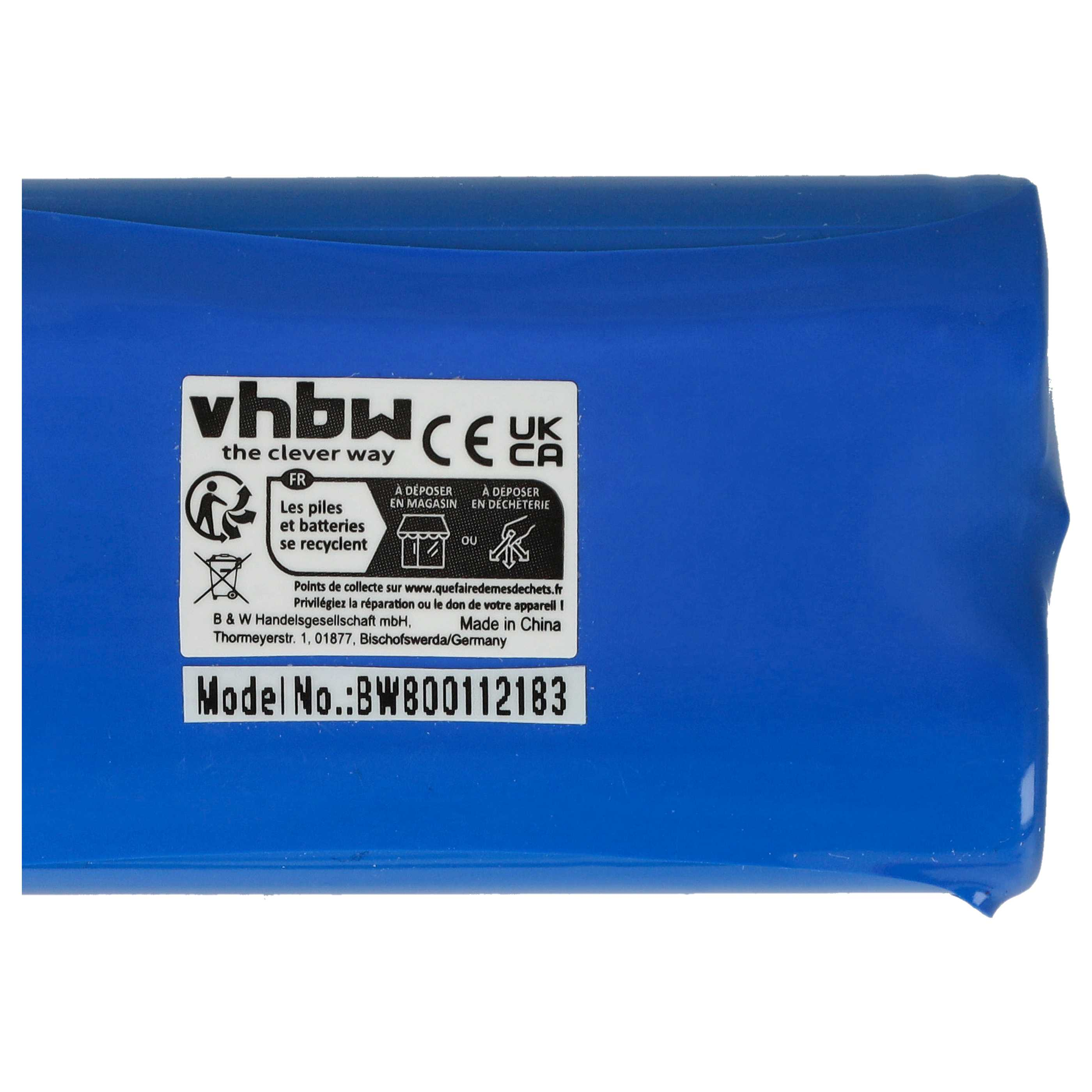 Ein blauer Akku. Weißes Etikett mit Text und Symbolen zur Wiederverwertung. Die Marke ist vhbw. Modell BW800112183.