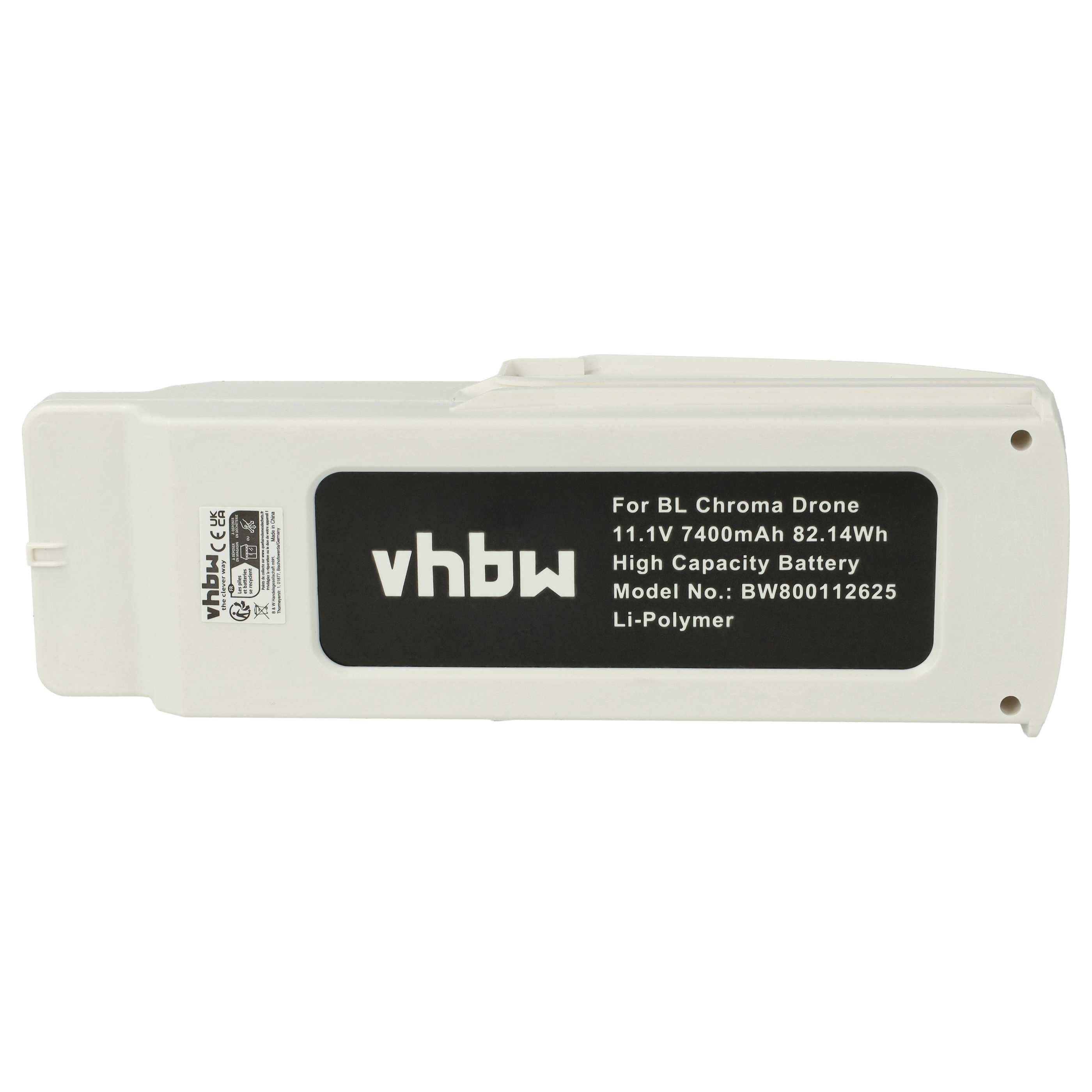 Weiße Drohnenbatterie mit schwarzem Text: 'vhbw', Spezifikationen und Modellnummer. Das Etikett zeigt auch Logos und Zertifizierungen.