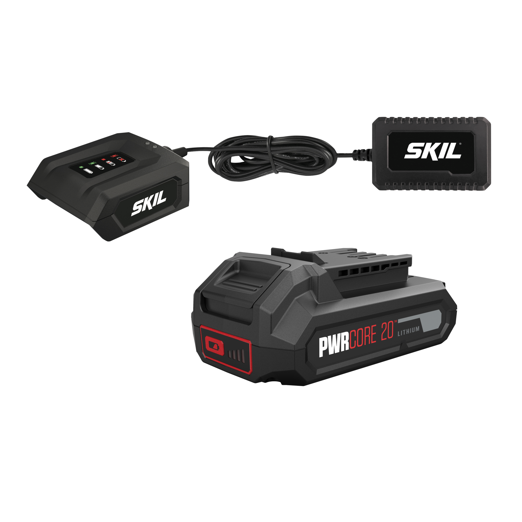 Afbeelding toont SKIL elektrisch gereedschap componenten: oplader, snoer en batterij. Zwart-rood kleurenschema. PWRCORE 20 Lithium batterij zichtbaar.