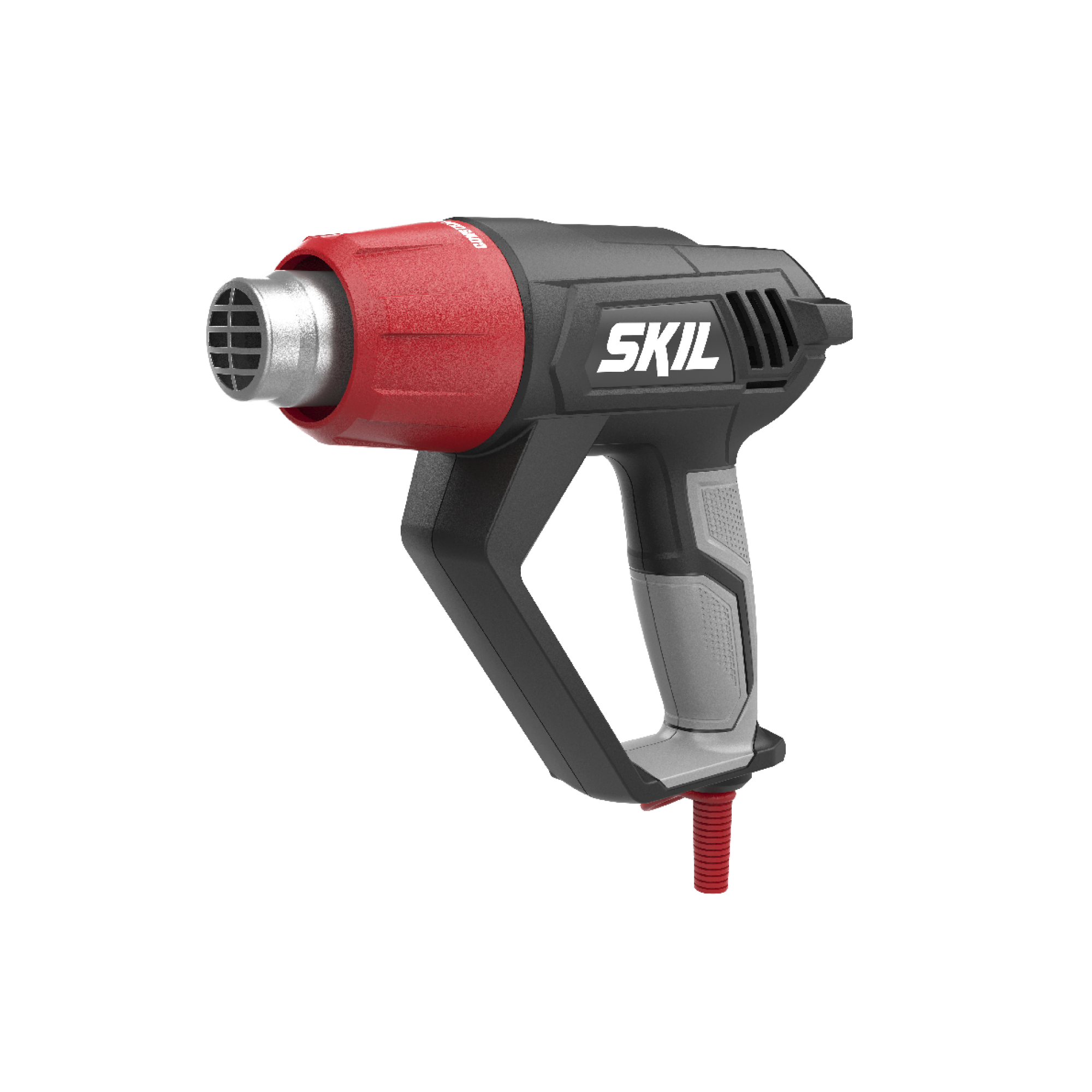 Een SKIL heteluchtpistool op een witte achtergrond. Het is zwart en rood met een zilveren mondstuk. De handgreep is grijs.