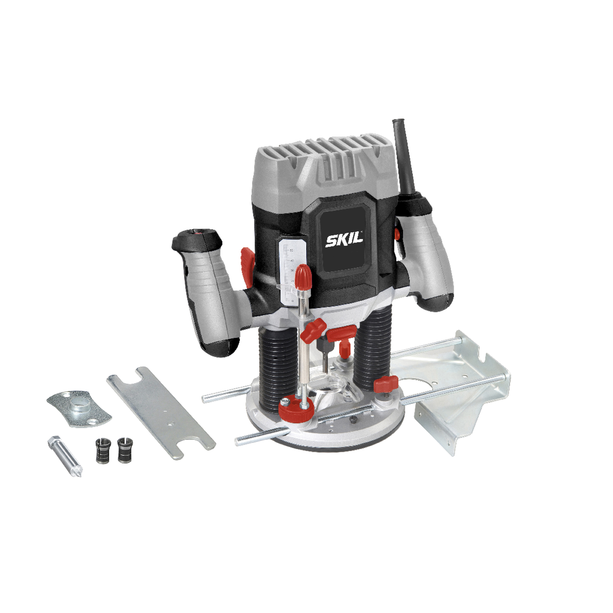 Een Skil-routertool met accessoires op een witte achtergrond. Het heeft een grijze en zwarte behuizing met rode verstelknoppen.