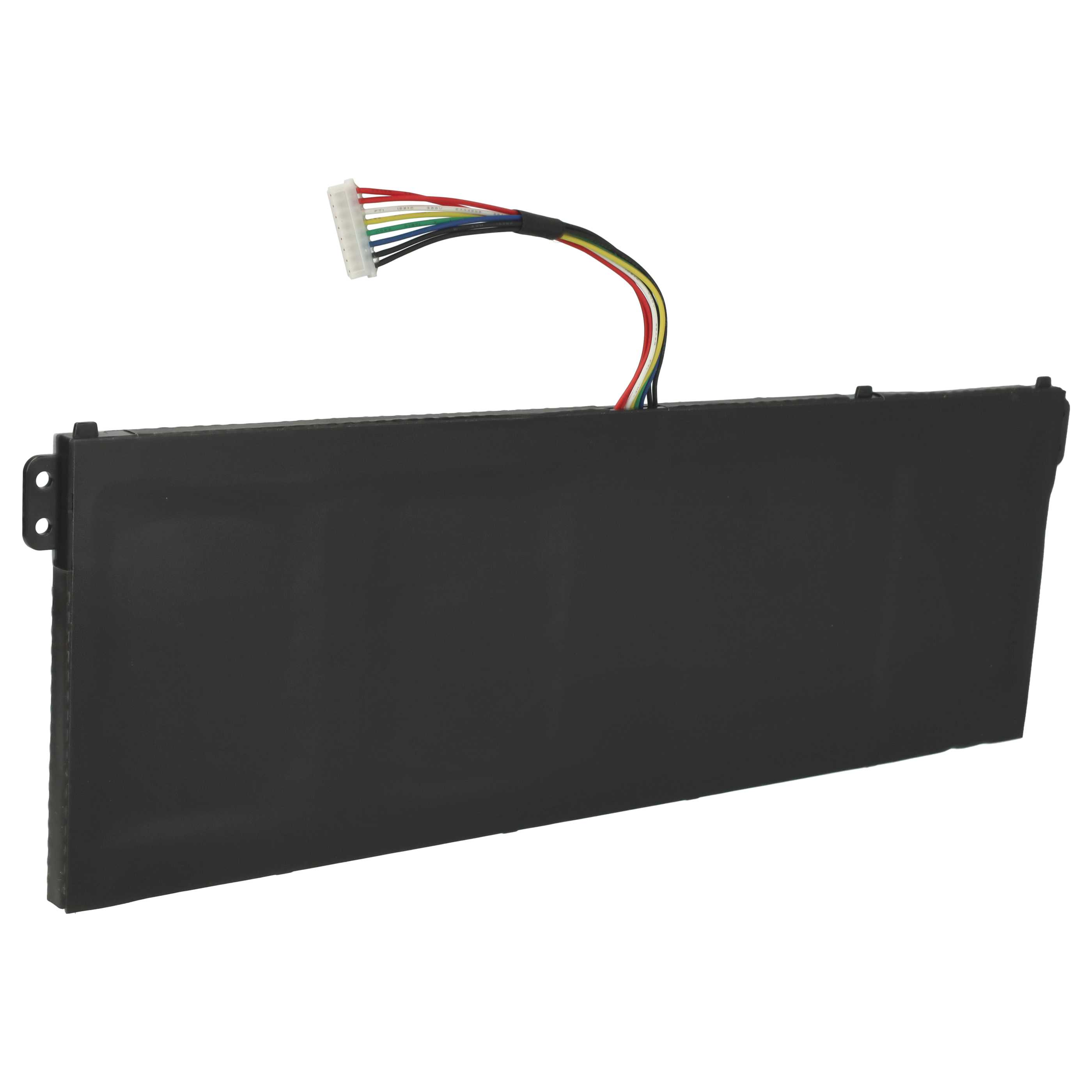 Ein schwarzer Laptop-Akku mit mehrfarbigen Drähten. Der Akku ist rechteckig mit einem Anschluss.