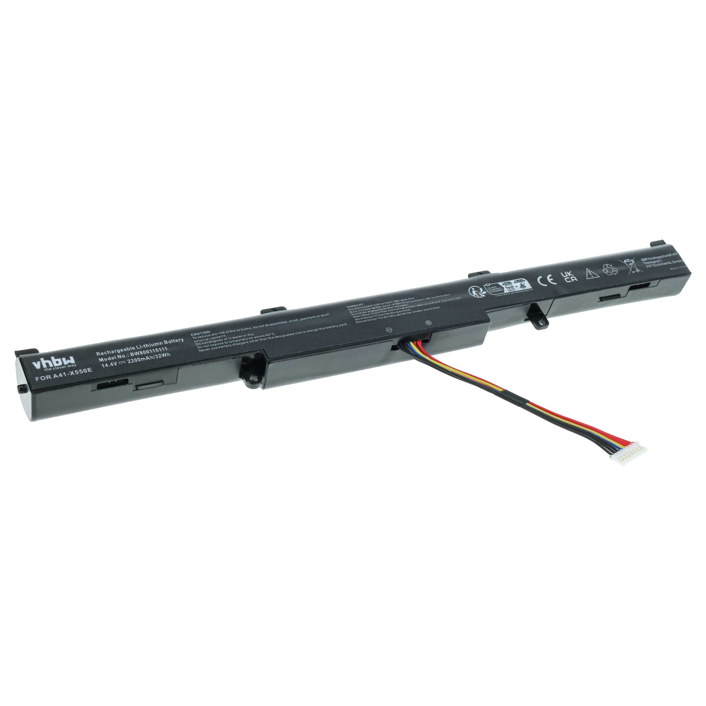 Ein schwarzer Laptop-Akku mit mehrfarbigem Kabel und weißem Stecker. Er hat Text und Logos auf der Oberfläche.