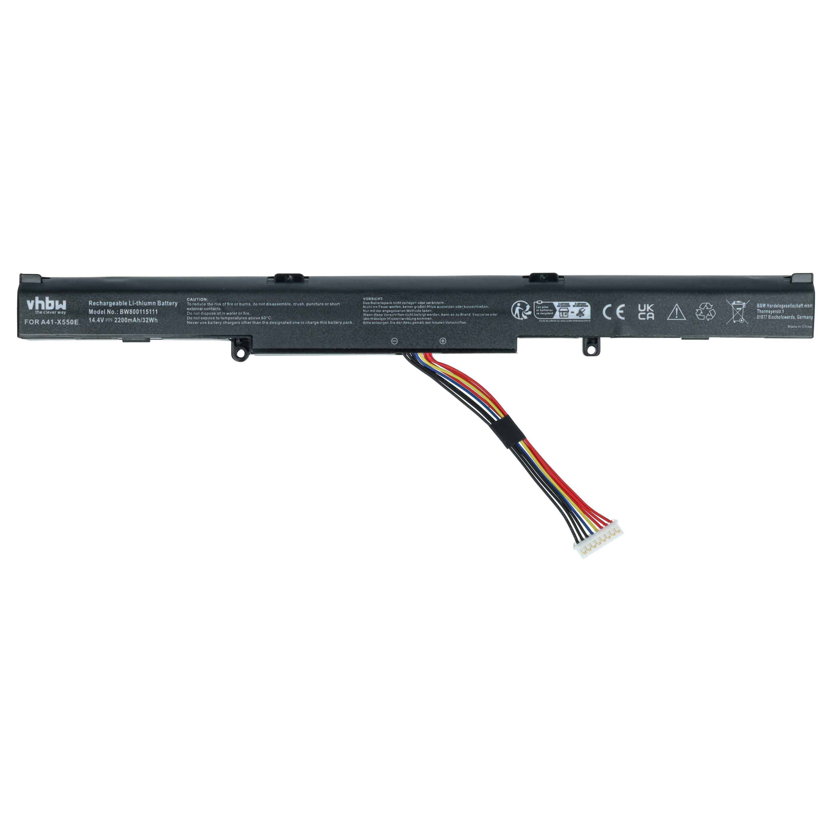 Ein Laptop-Akku mit schwarzem Gehäuse. Drähte verschiedener Farben gehen vom Akku aus.