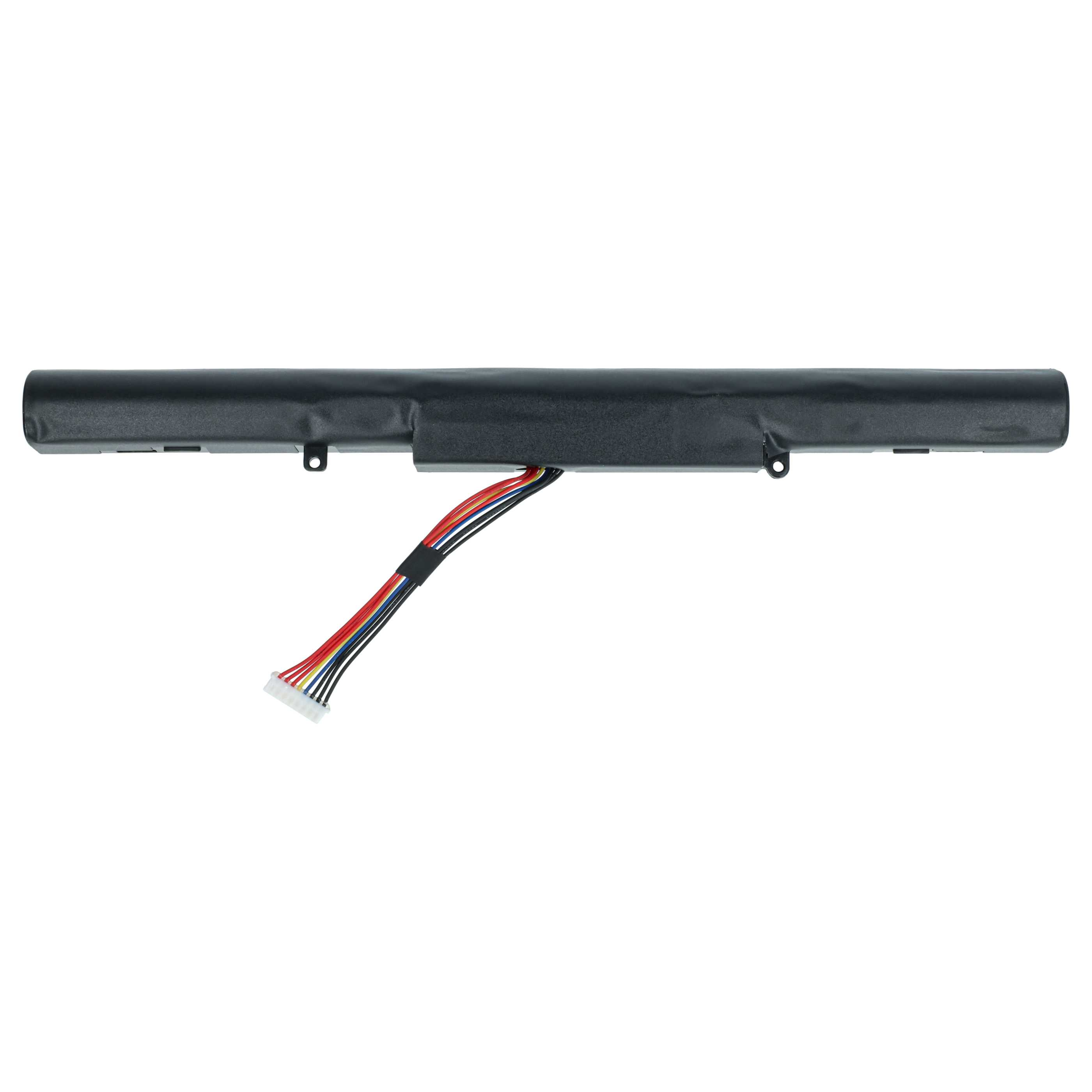 Ein schwarzer Laptop-Akku mit farbigen Drähten und einem weißen Stecker, vor weißem Hintergrund.