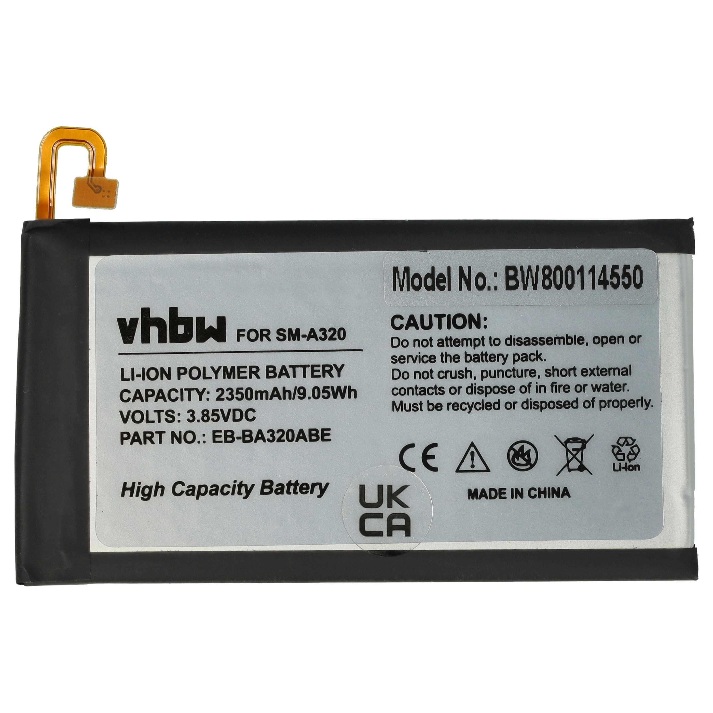 Ein schwarzer Akku mit Text und Symbolen. Es hat einen goldenen Stecker. Details umfassen Modellnummer, Warnungen und Zertifizierungen.